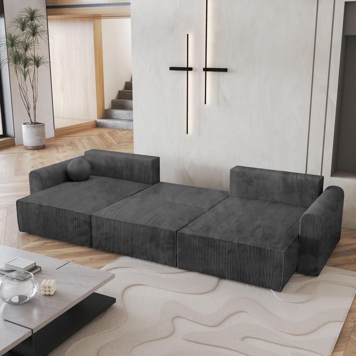WOHNLANDSCHAFT FENTO P Graphitfarben Kordstoff mit Schlaffunktion - Graphitfarben/Grau, Holz/Kunststoff (347/90/148cm) - MASSENO