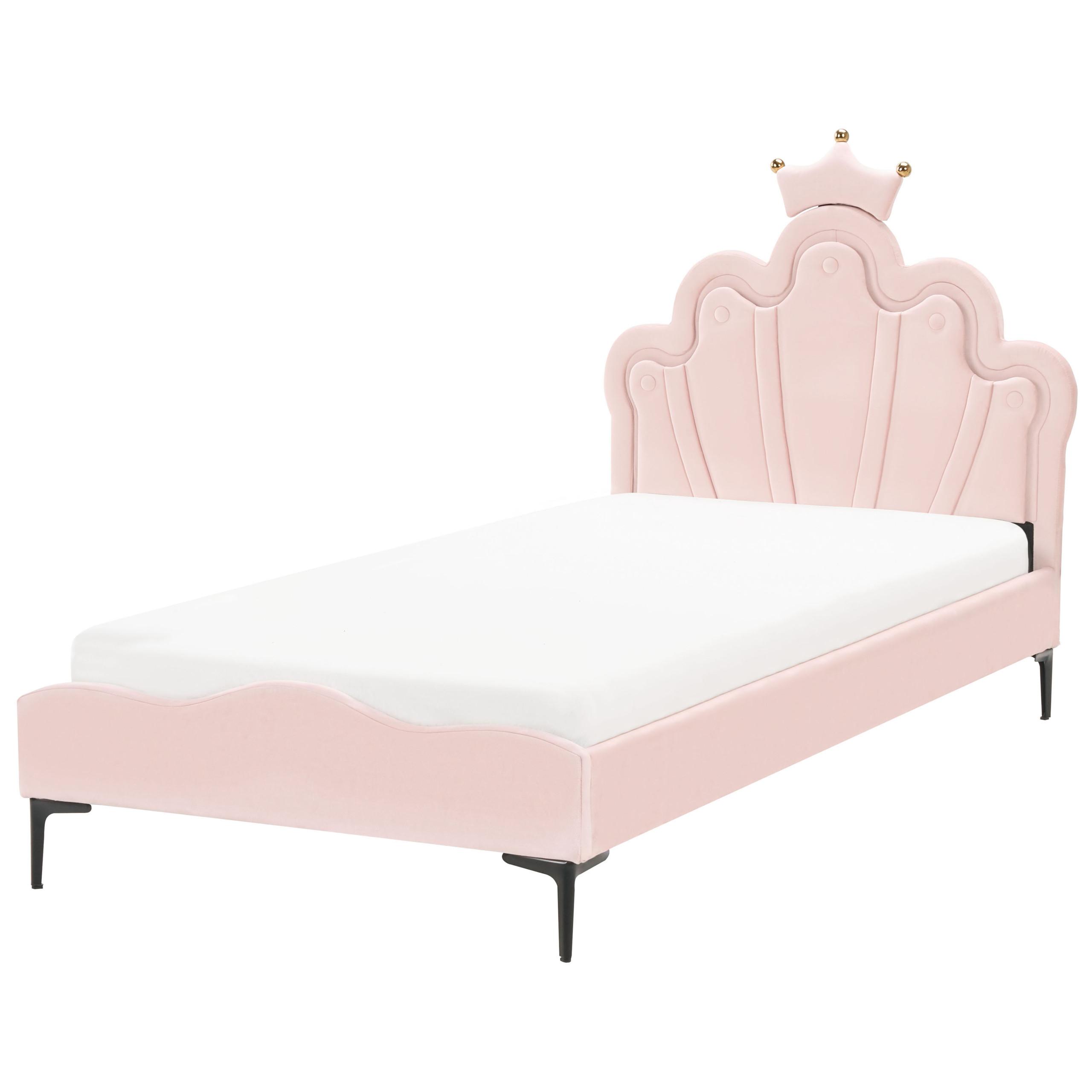 KINDERBETT Krone Samtstoff 90/200 cm mit LED-Beleuchtung Rosa Rubian - Pink, Textil (90/200cm) - Beliani