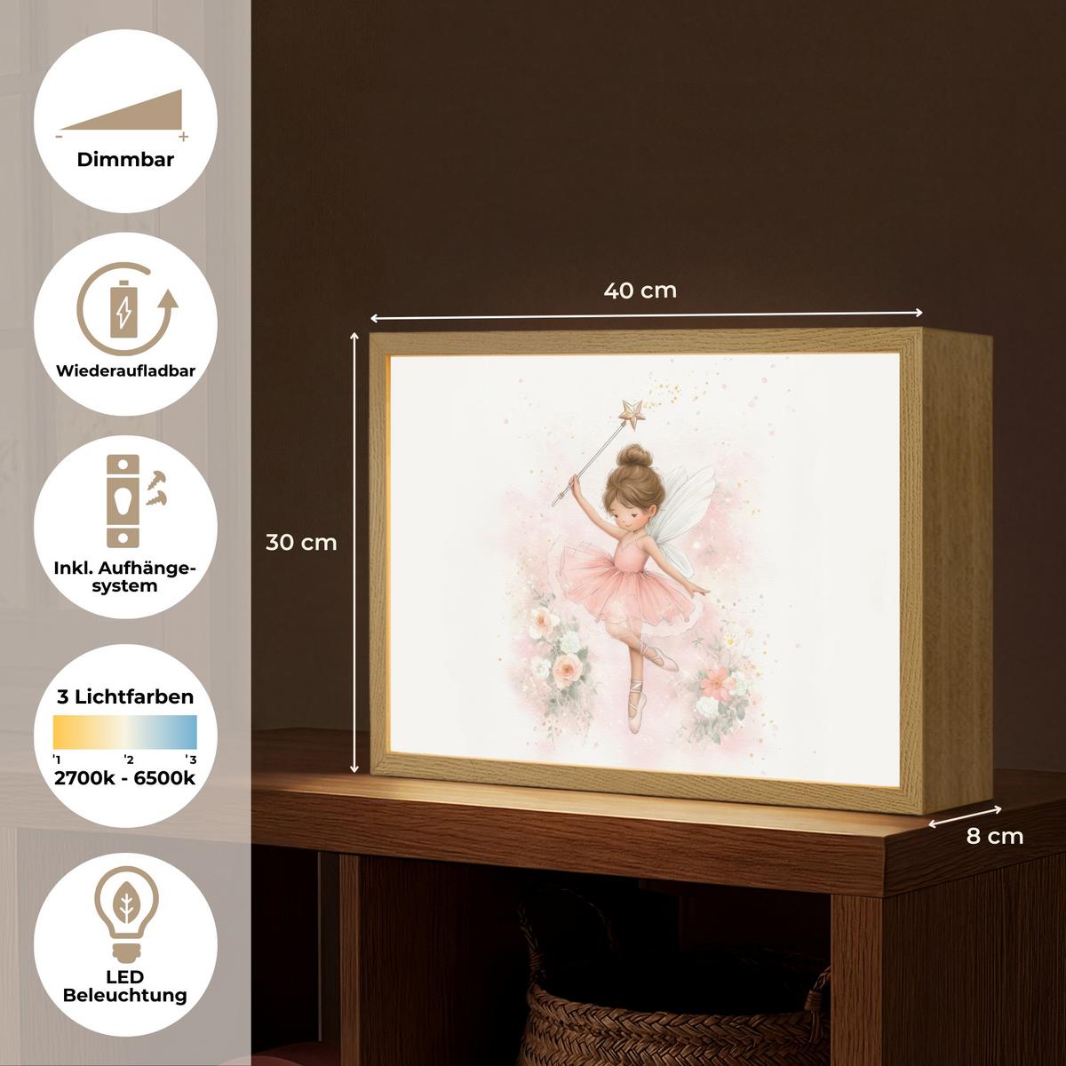 NACHTTISCHLAMPE MIT AKKU Ballerina - Fee - Blumen - Rosa 40x30 cm - Rosa, Holzwerkstoff (8/40/30cm) - OnlyWow
