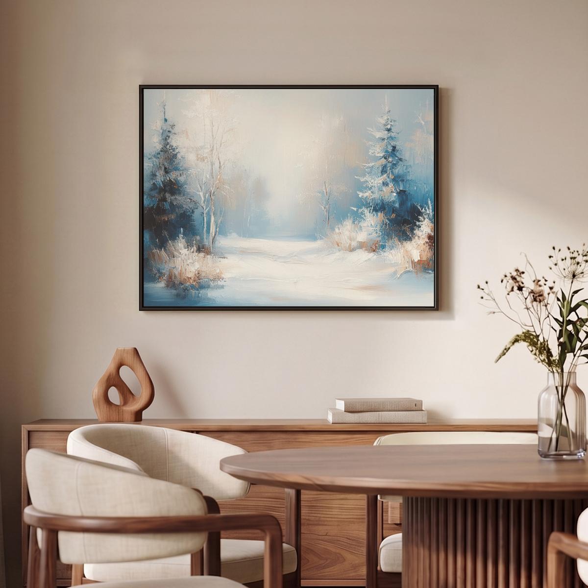 LEINWAND Bilder mit Rahmen - Wald – Winter – Natur – Abstrakt – Schnee - 70x50 - Weiß, Textil (70/50cm) - MuchoWow