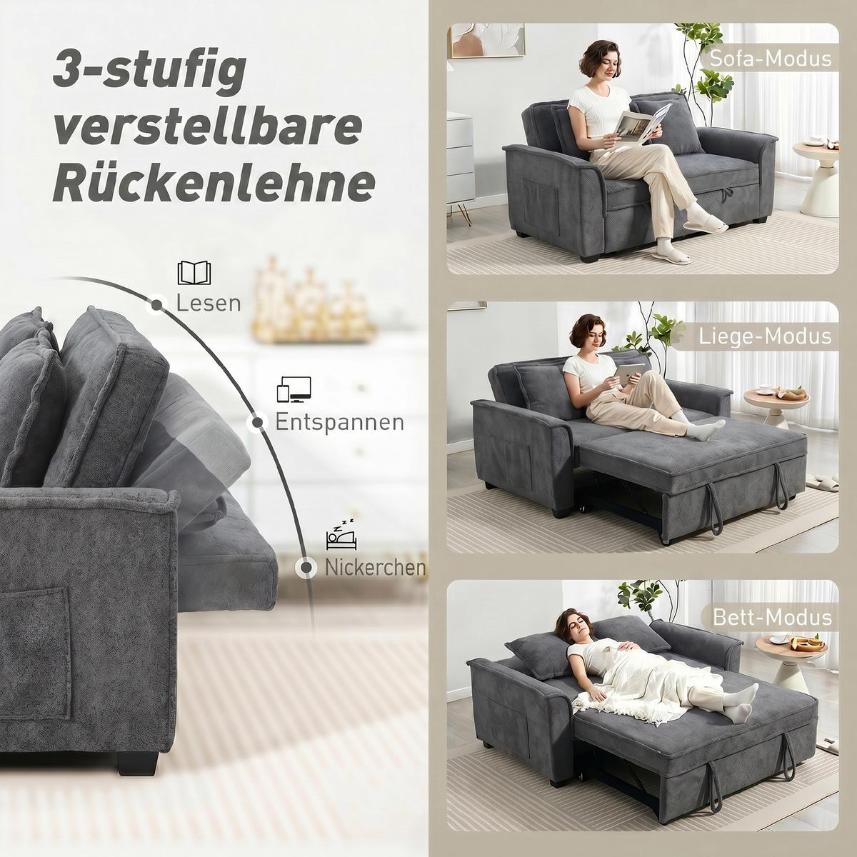 SCHLAFSOFA Polyester Dunkelgrau - Dunkelgrau/Schwarz, Holz/Kunststoff (85/86/168cm) - HOMCOM