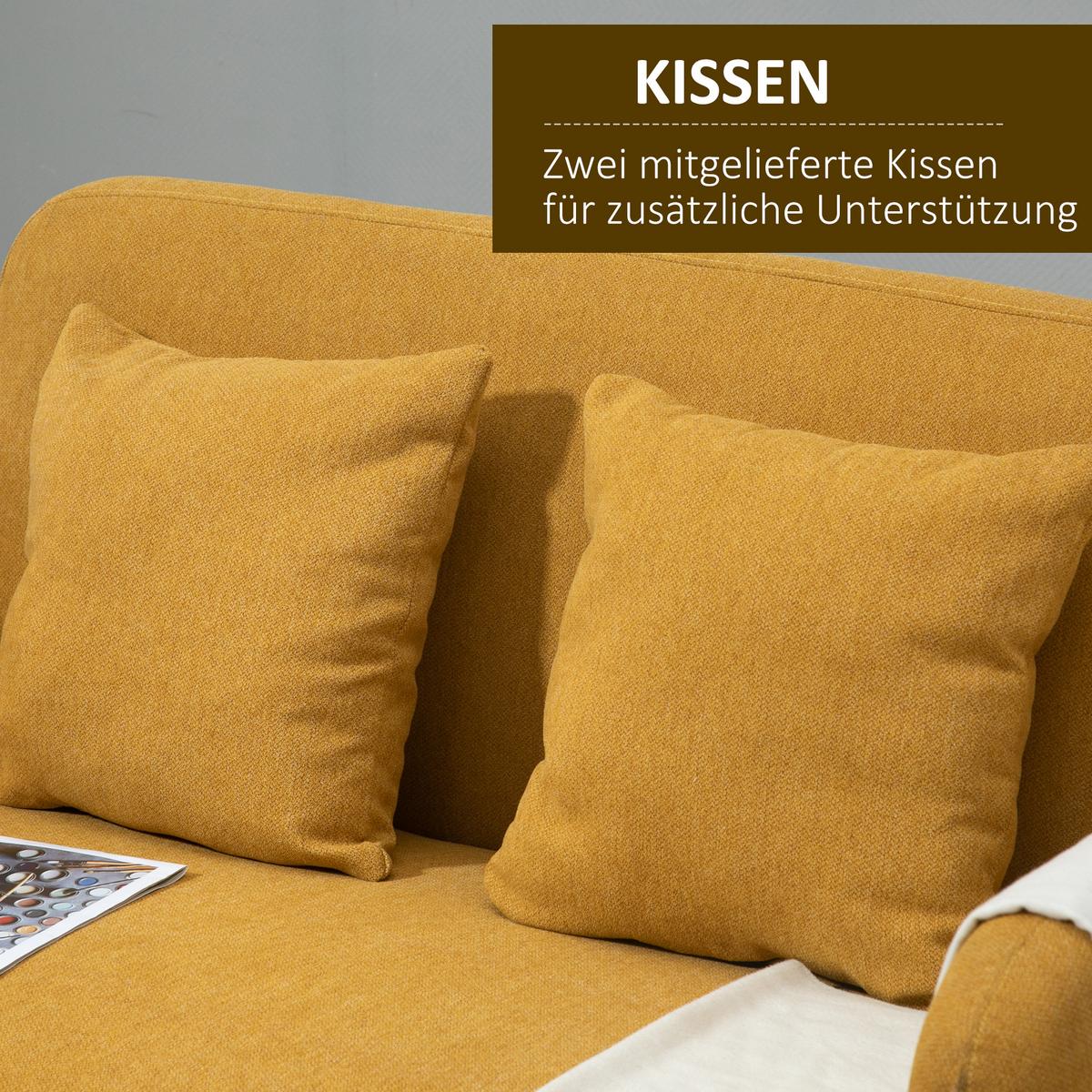 2 Sitzer Sofa, Couch mit 2 Wurfkissen, gepolsterter Doppelsofa mit Samtopik - Currygelb, Kunststoff (70/80/130cm) - HOMCOM