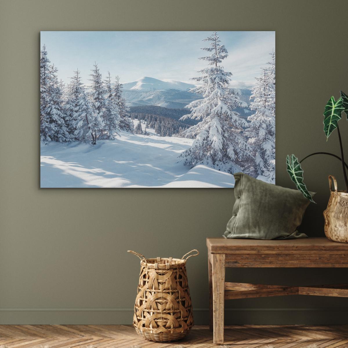 AKUSTIKBILD Winterlandschaft - Natur - Berge - Bäume - Schnee Wandbild Wohnzimmer 100x70 cm - Hellblau, Kunststoff (100/70/0.9cm) - MuchoWow