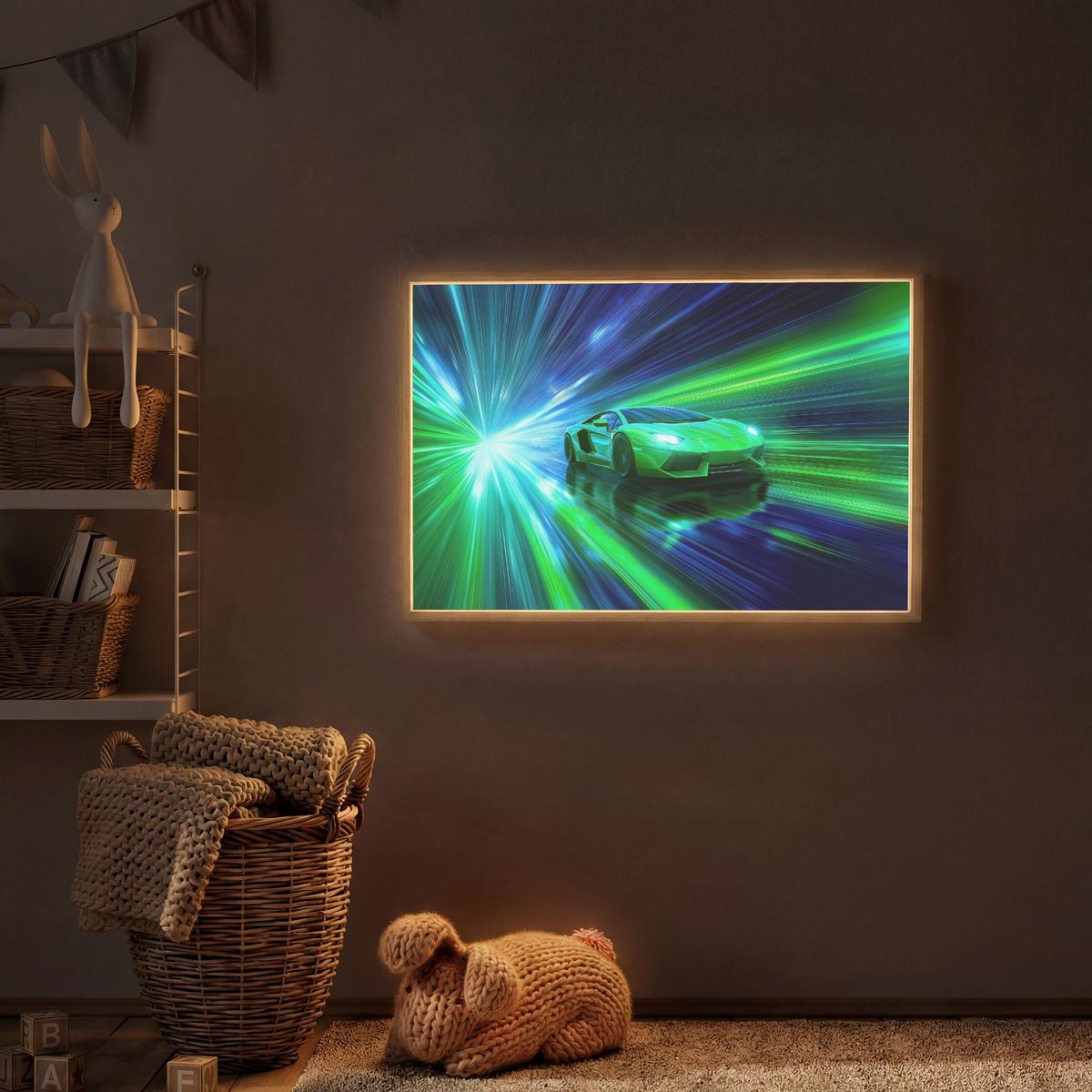 WANDLEUCHTE MIT AKKU Geschwindigkeit - Leicht - Sportwagen - Grün 100x70 cm - Grün, Holzwerkstoff (100/70/8cm) - OnlyWow
