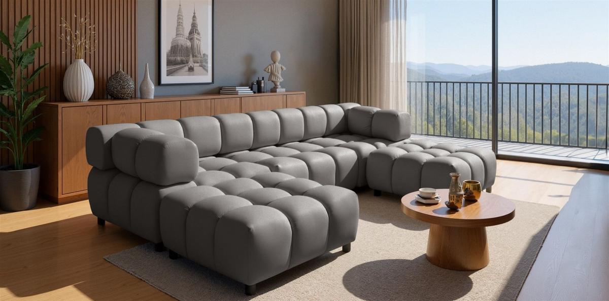 SOFA 3-sitzer Und 2-polsterhocker Flow - Dunkelgrau, Holzwerkstoff/Textil (288/71/96cm) - Fun Möbel