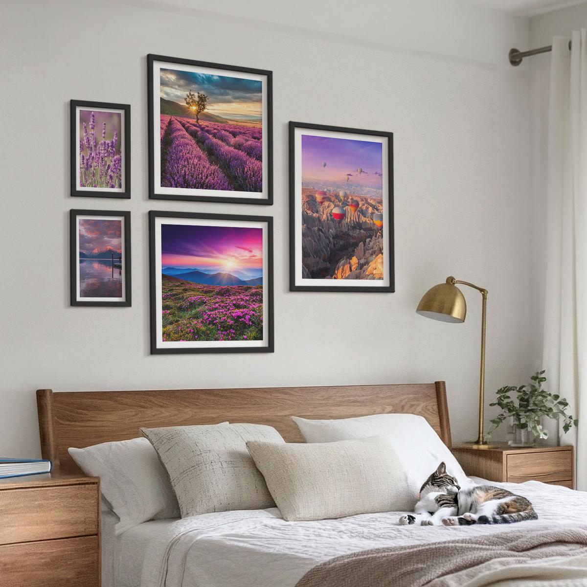 BILDER SET 5er Set - 50x50 cm & 20x30 cm & 40x60 cm Schwarzer Rahmen - Sonnenuntergang auf Lavendelfeldern - Schwarz, Kunststoff (40/60cm) - TULUP