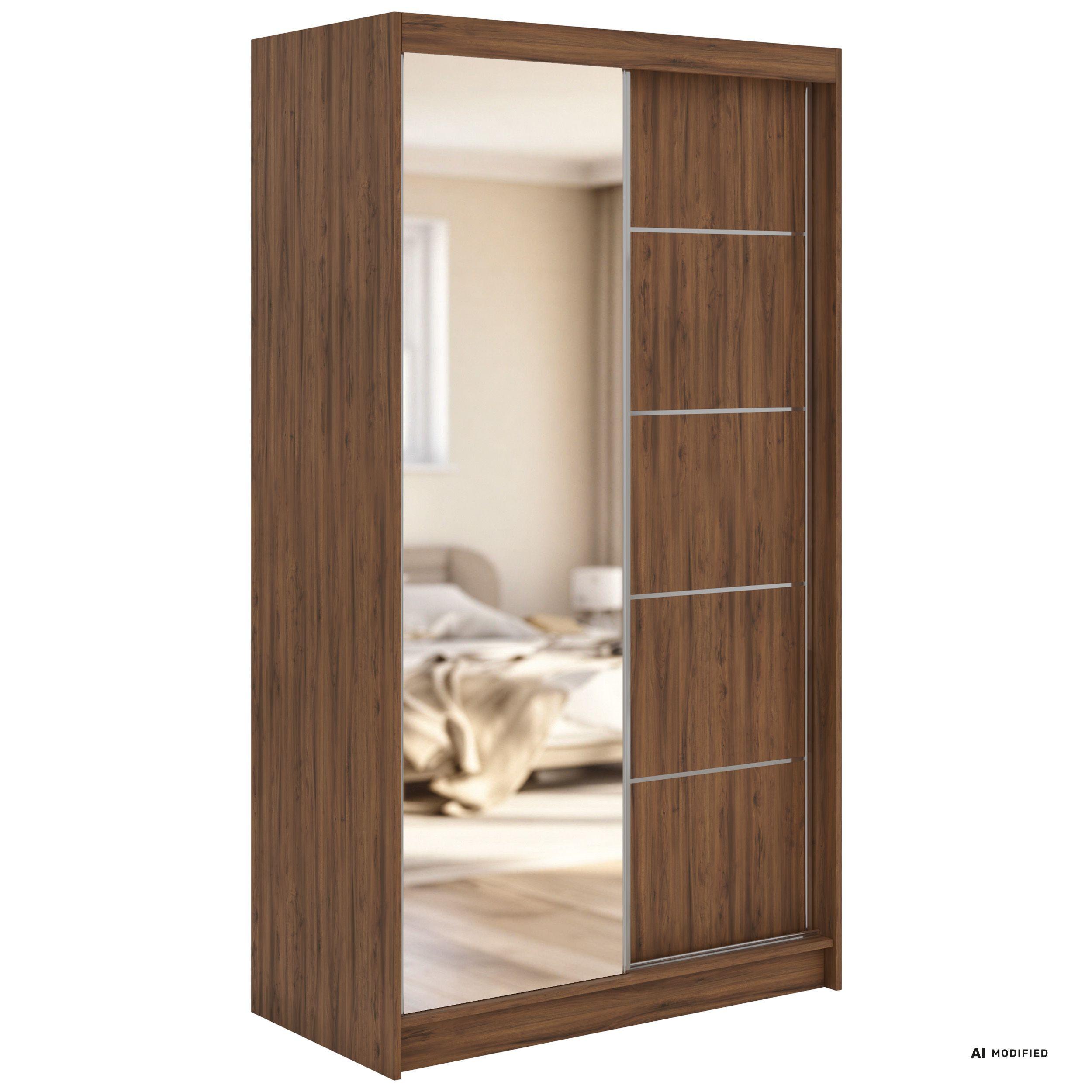 SCHWEBETÜRENSCHRANK mit Schubladen 120 - SKORIA - Warmia Walnuss mit Spiegel - Walnussfarben/Alufarben, Holzwerkstoff/Metall (120/216/61cm) - MKS