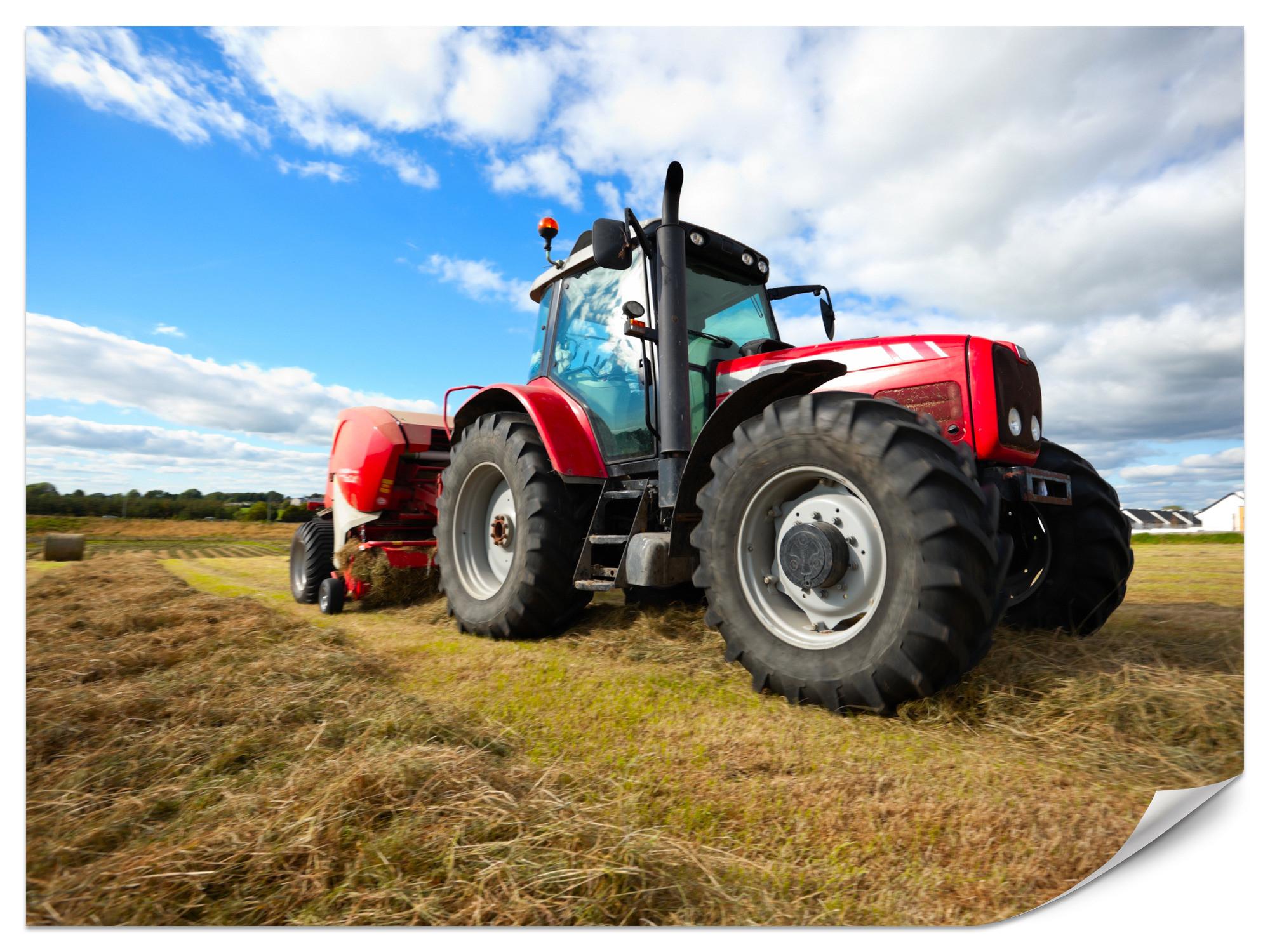 FOTOTAPETE Roter Traktor Feld Ernte Landwirtschaft Rustikal 200x140 - Gelb/Rot, Papier (200/140cm) - Muralo