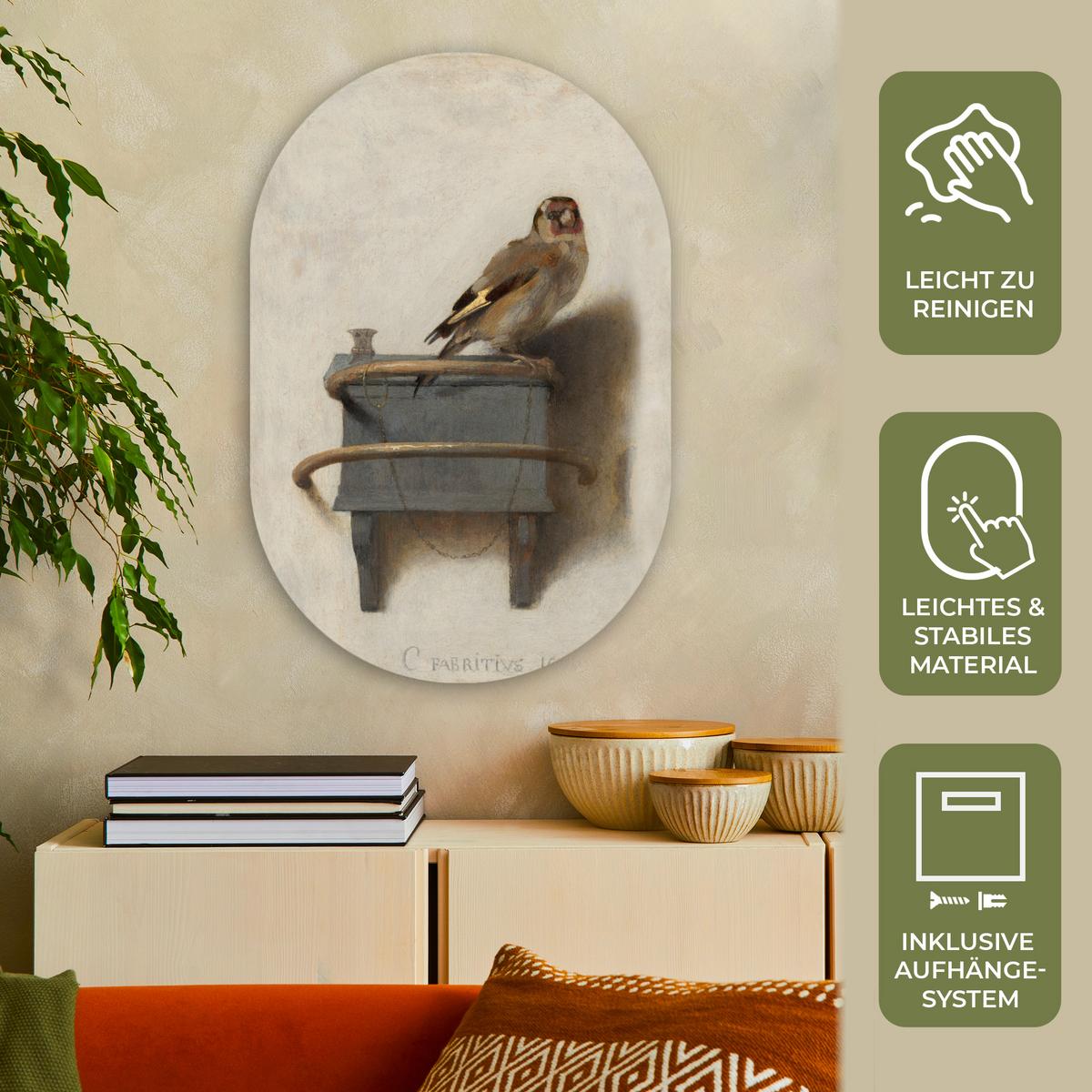 WANDBILD Stieglitz - Alter Meister - Carel Fabritius Wanddeko Schlafzimmer 60x90 cm - Grau, Kunststoff (60/90cm) - MuchoWow