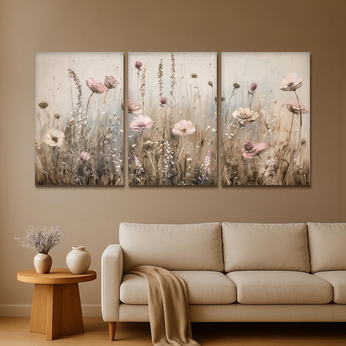 LEINWANDBILD 3er Set Blumen - Beige - Modern - Rosa 240x120 cm - Ecru, Textil (240/120cm) - MuchoWow