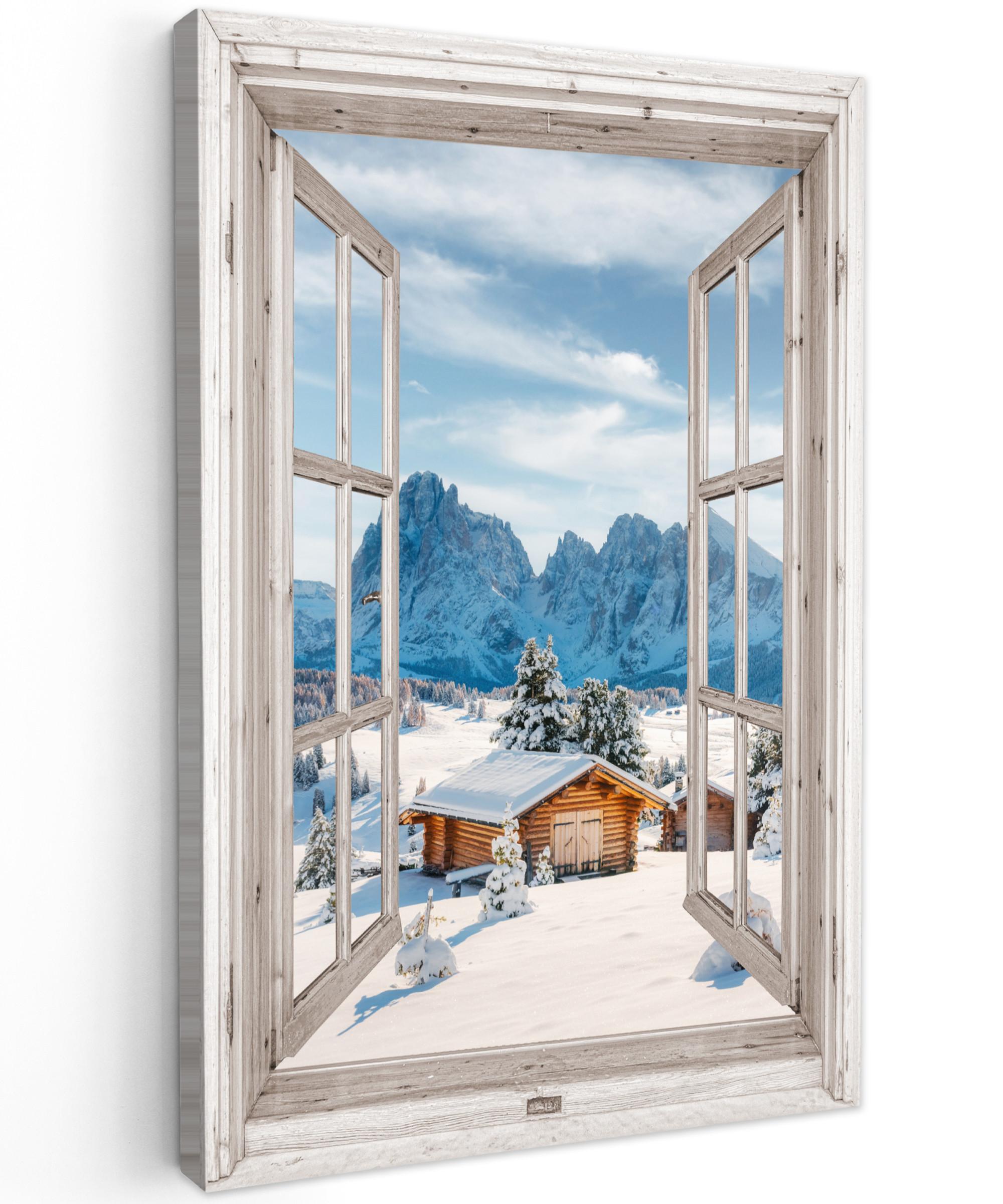 LEINWANDBILD Winterlandschaft - Hütte - Berge - Ausblicke - Aussicht - Natur Deko Groß 90x140 cm - Weiß Hochglanz, Textil (90/140cm) - MuchoWow
