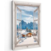 LEINWANDBILD Winterlandschaft - Hütte - Berge - Ausblicke - Aussicht - Natur Deko XXL 80x120 cm - Weiß Hochglanz, Textil (80/120cm) - MuchoWow