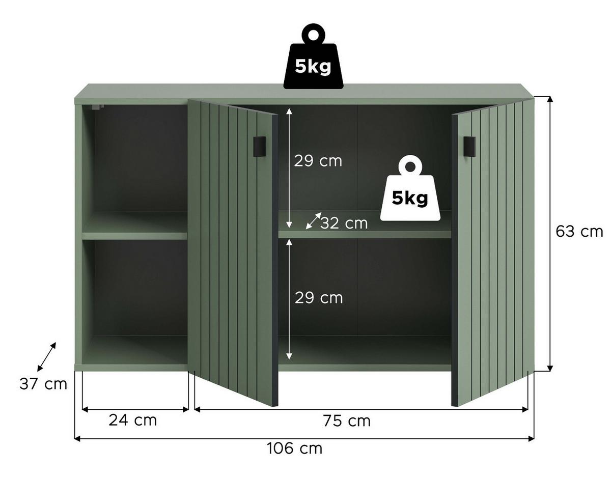 SCHUHSCHRANK grün mit Rillen 106 cm, Flurkommode hängend - Schwarz/Grün, Holzwerkstoff/Metall (106/63/37cm) - Inn.Furn