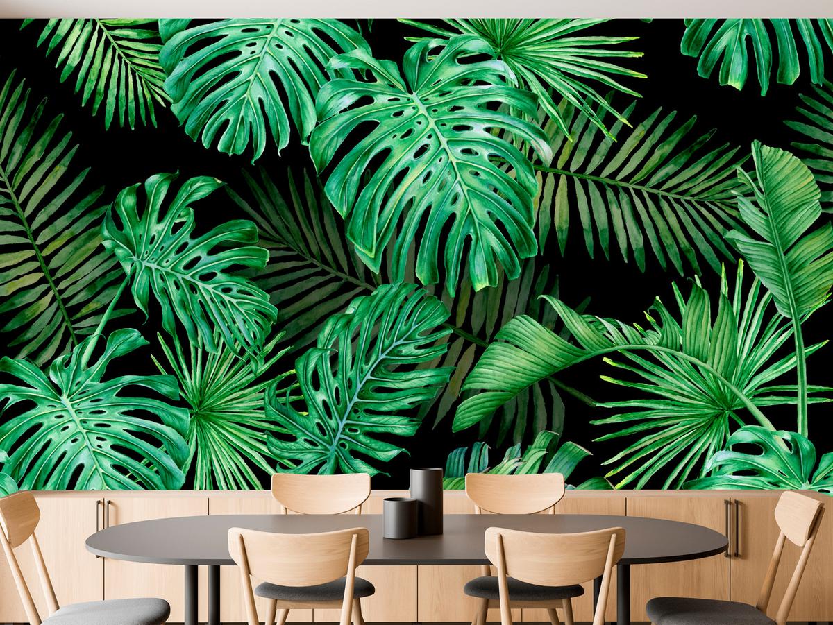 FOTOTAPETE für Schlafzimmer Exotische Grüne Monstera Palmen 400x280 - Schwarz/Grün, Papier (400/280cm) - Muralo