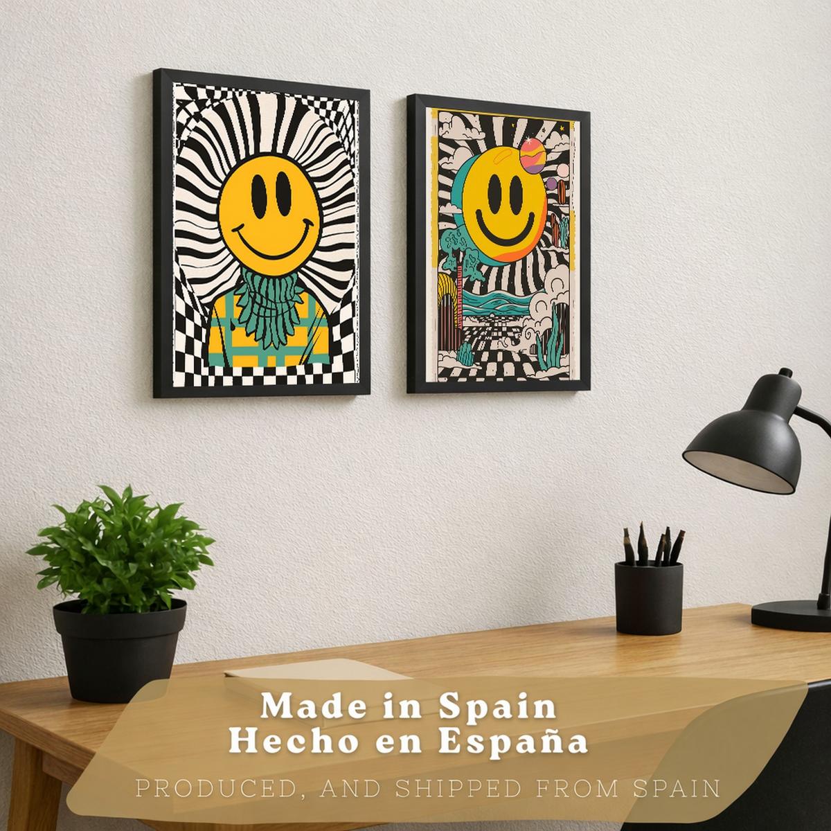 POSTER 4er Kunstdruck-Set Wandbilder Smiley Emoji modern Wohnzimmer Deko, Schlafzimmer, Küche, Badezimmer Schwarzer Rahmen A3 - Schwarz, Papier (29.7/1/42cm) - Nacnic