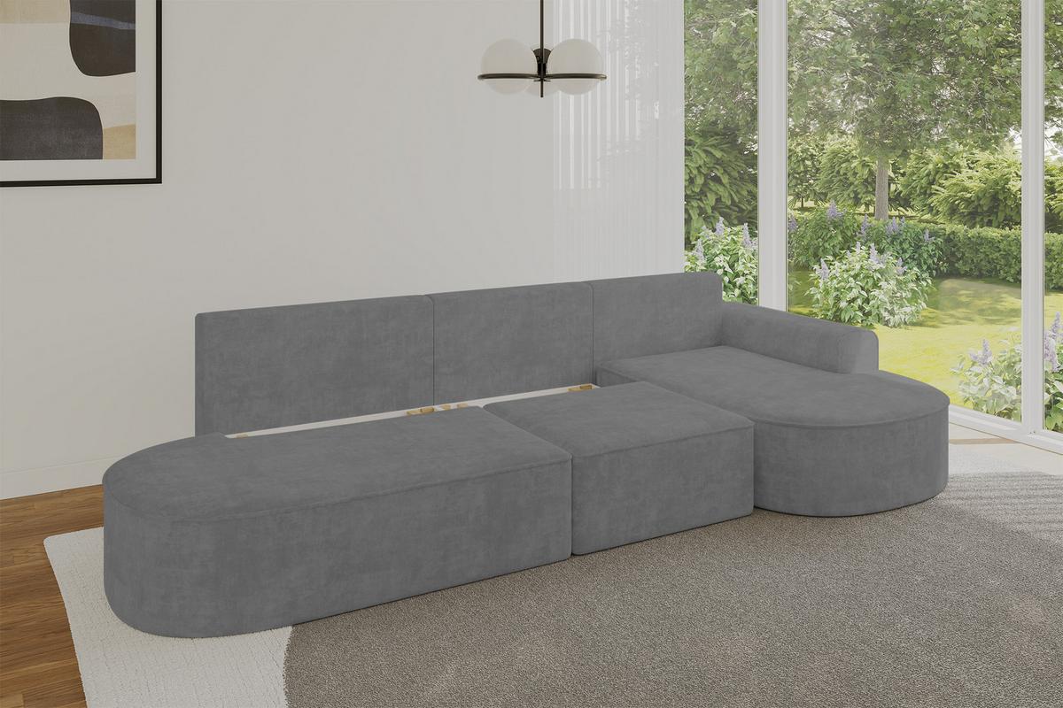 ECKSOFA mit Schlaffunktion Ottomane RECHTS MARI L2-S 368X167X85 Grau Velours - Anthrazit/Schwarz, Holzwerkstoff/Kunststoff (167/368cm) - ALTDECOR