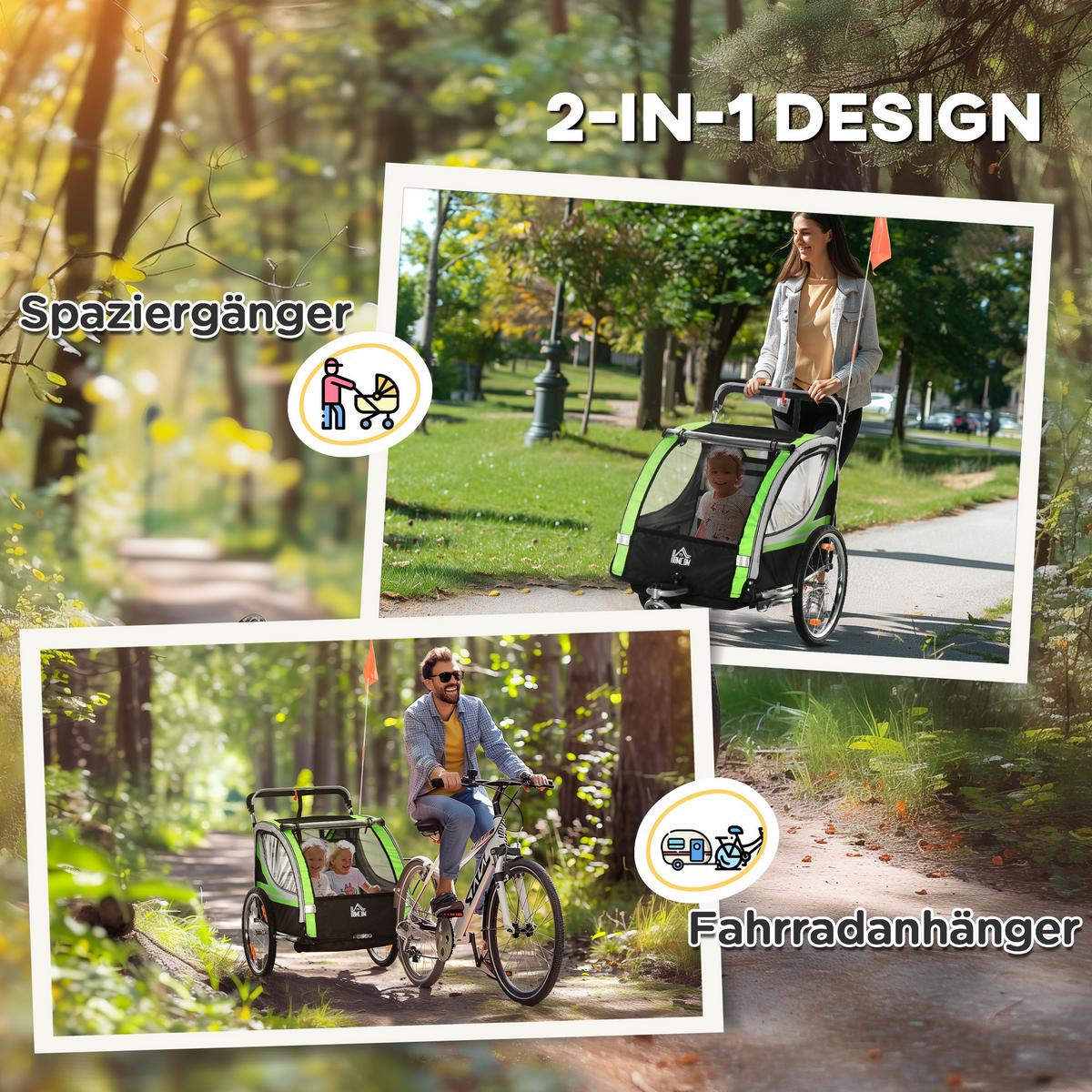 2 in 1 Kinderanhänger, Fahrradanhänger Kinderbuggy mit 5-Punkt Sicherheitsgurt - Schwarz/Grün, Kunststoff/Metall (75/101/142cm) - HOMCOM