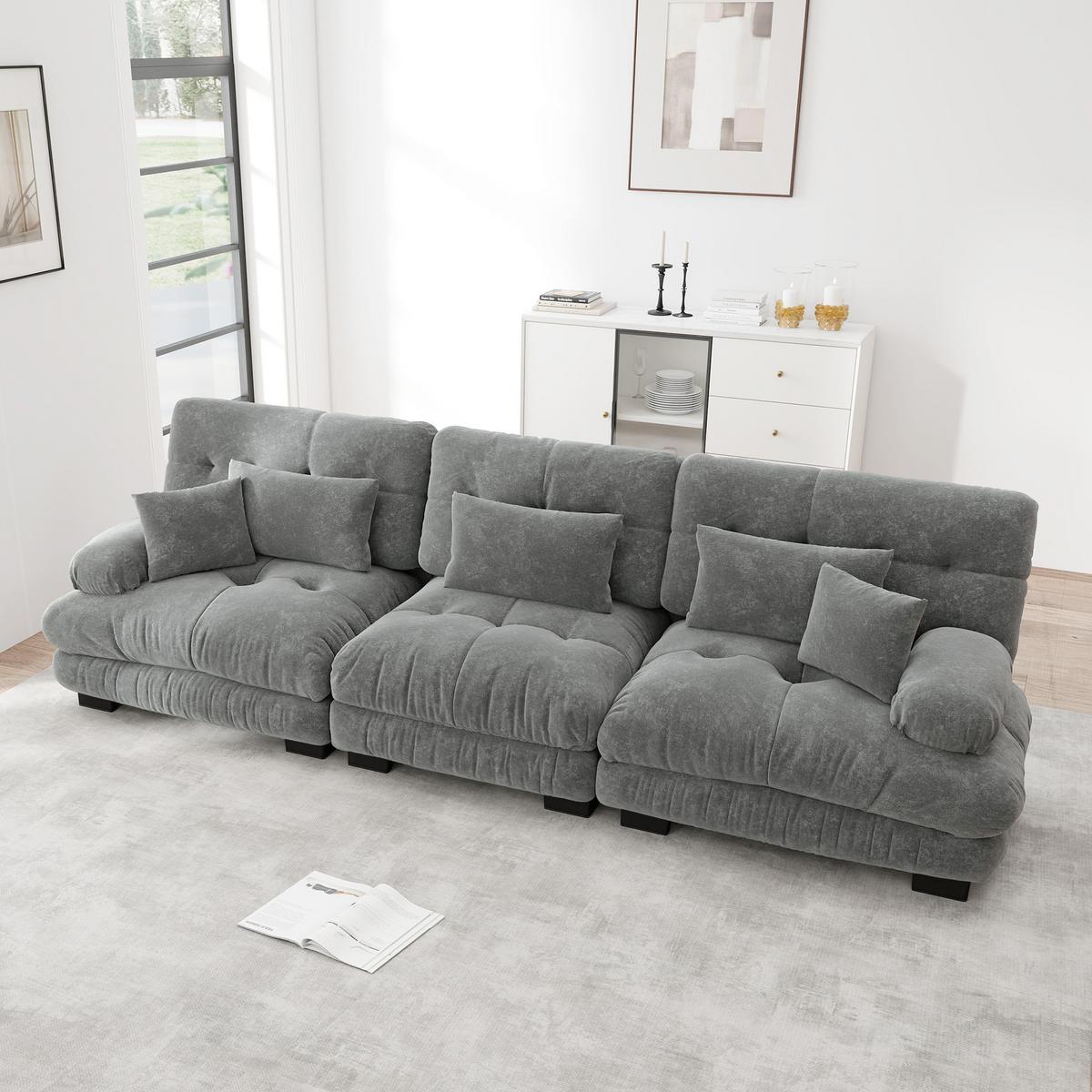 SOFA Stoff – 3-Sitzer mit Kissen - Grau, Holzwerkstoff/Textil (313/81/77cm) - Urban Meuble