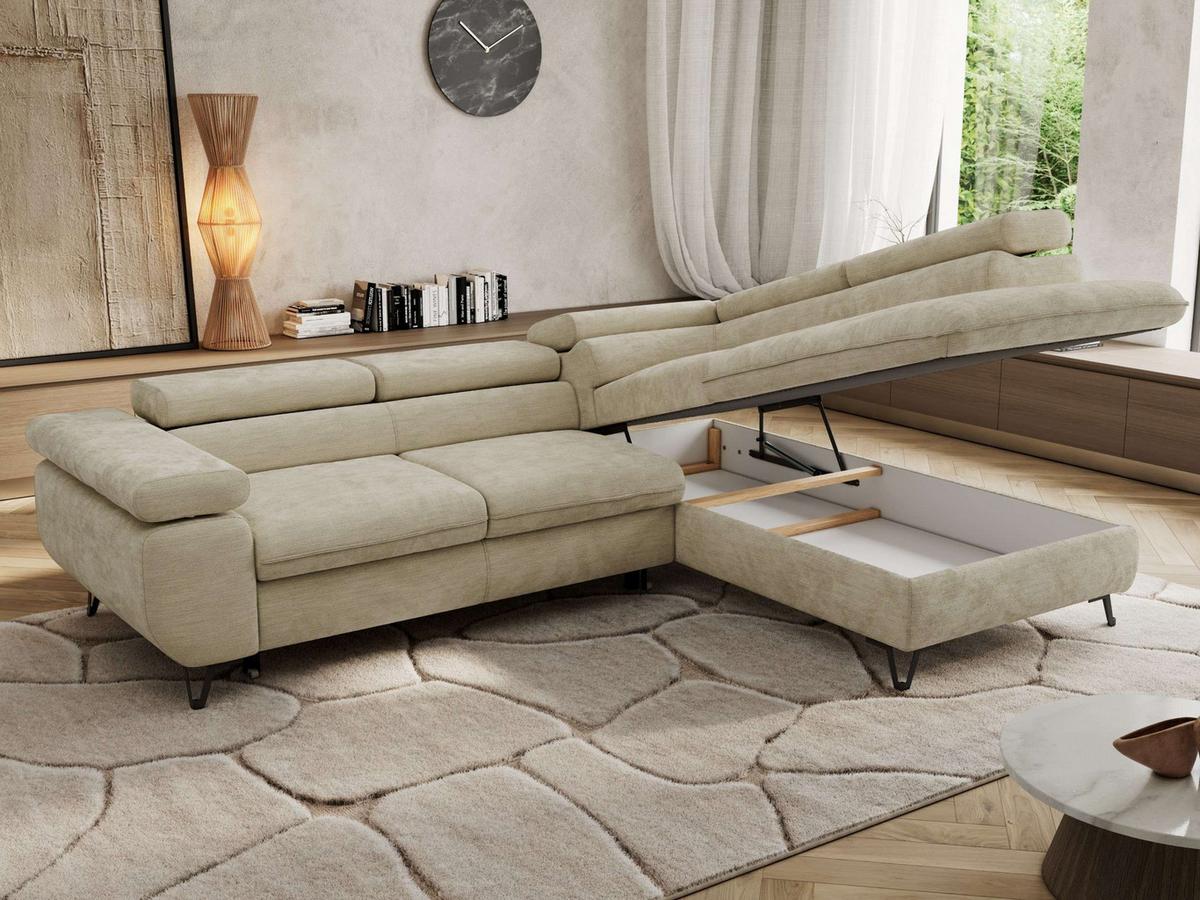ECKSOFA PABLO L Beige Schenille glatt - Rechts Seite - Beige/Schwarz, Textil/Metall (273/208cm) - MKS