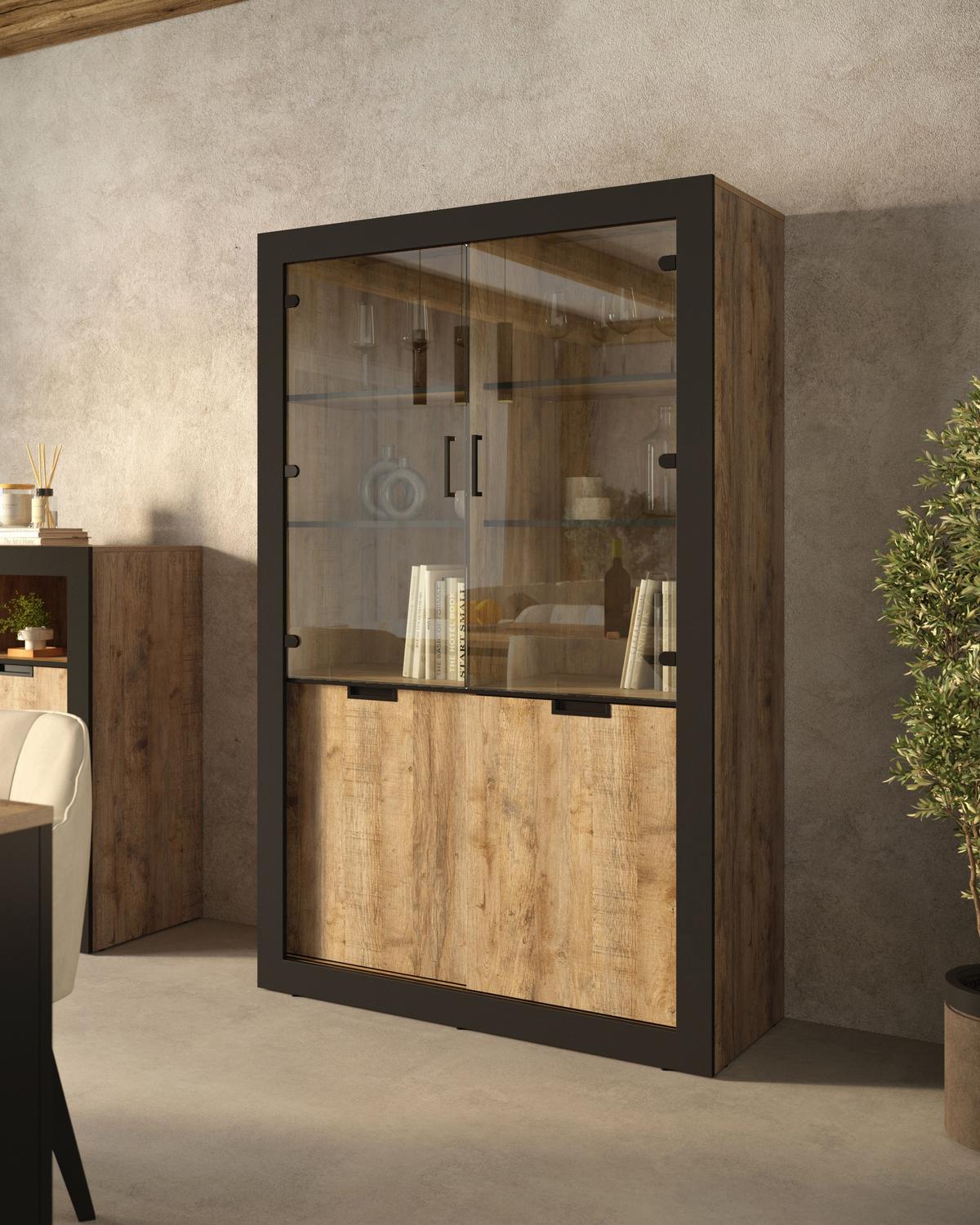 VITRINE DAVOR 187 / 120 cm in Eichefarben - Eichefarben/Schwarz, Holzwerkstoff (120/187/45cm) - MASSENO