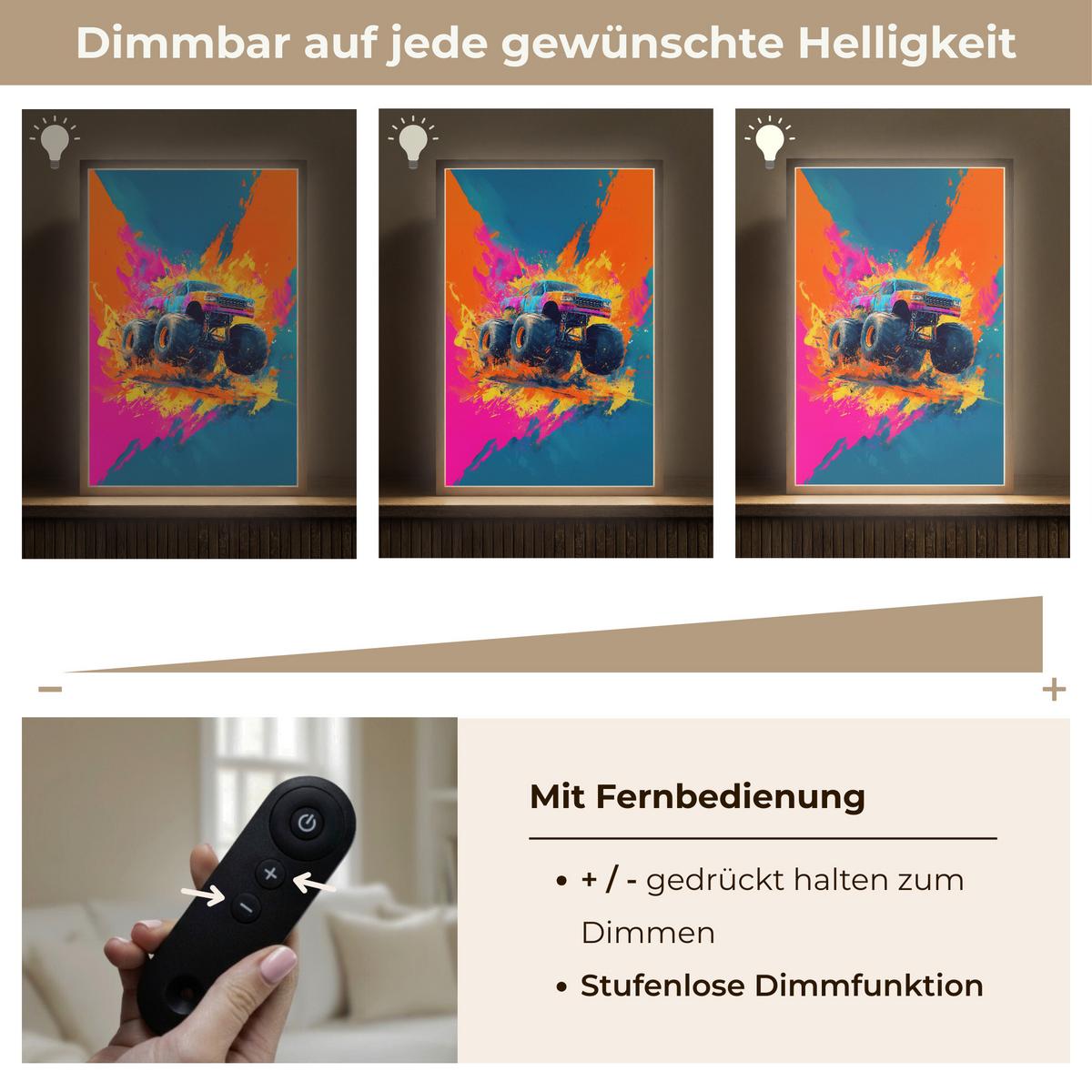 WANDLEUCHTE MIT AKKU Monstertruck - Abstrakt - Farbspritzer - Farbenfroh 40x60 cm - Pink, Holzwerkstoff (40/60/8cm) - OnlyWow
