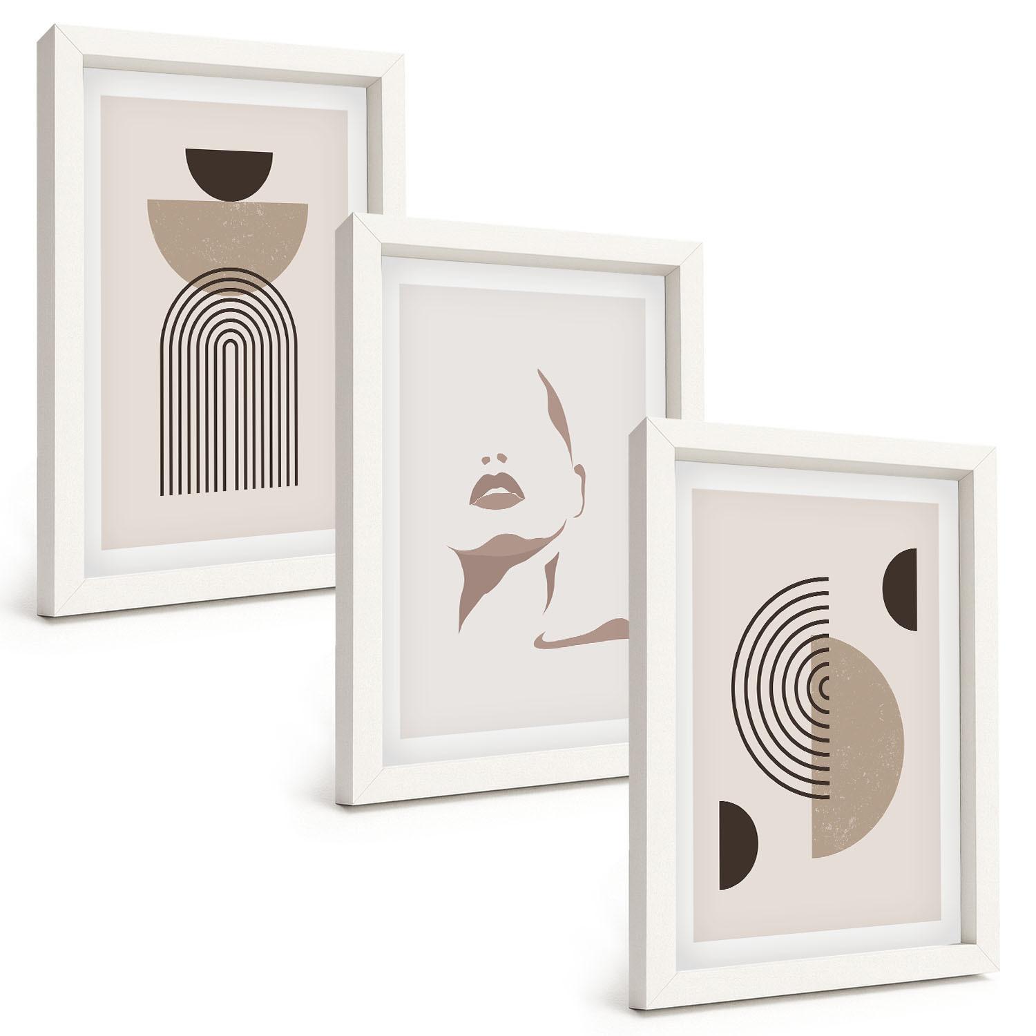BILDER SET 3er Set - 20x30 cm Weißer Rahmen - Abstrakte Formen und Gesicht - Weiß, Kunststoff (20/30cm) - TULUP