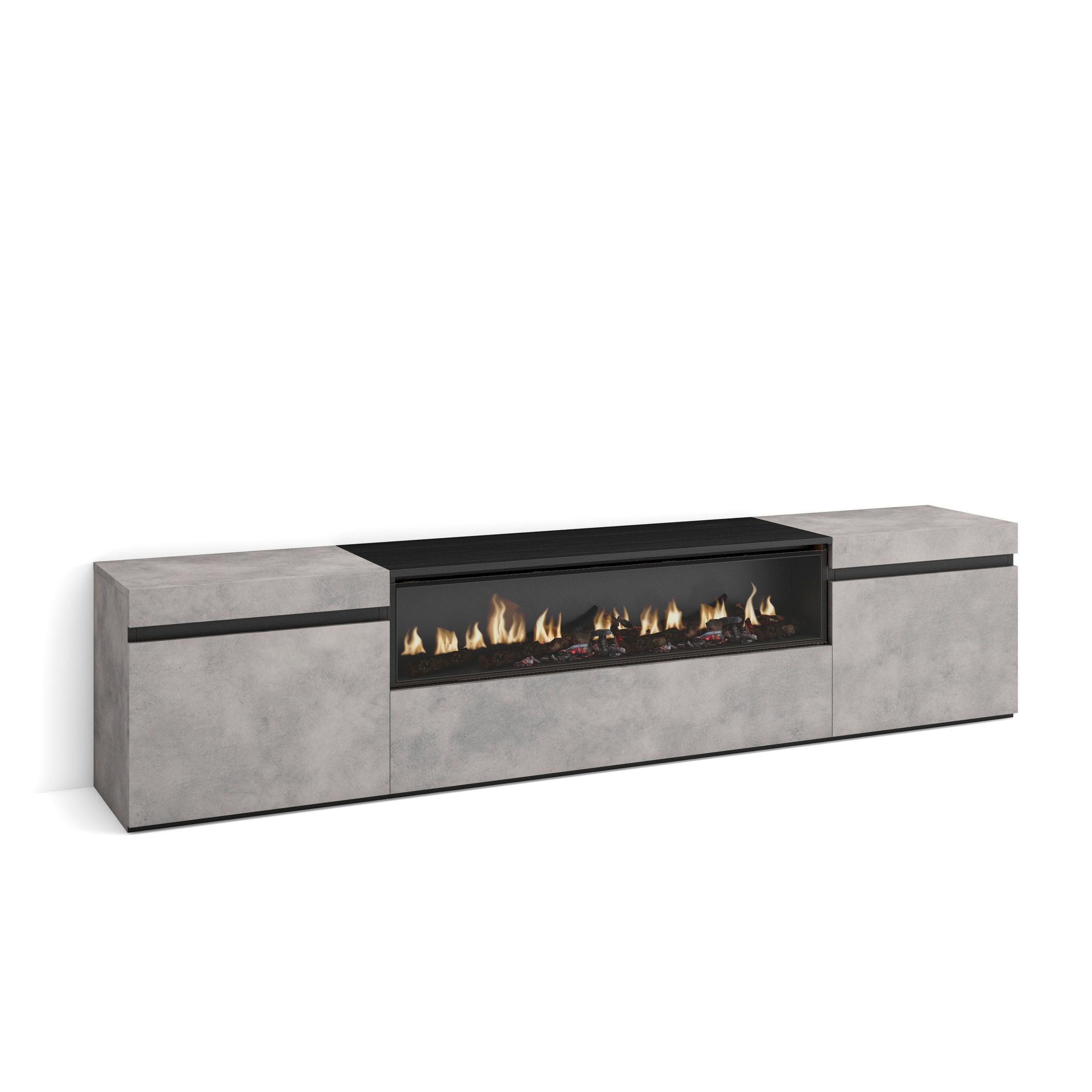 LOWBOARD, mit Elektrokamin, Zementgrau, 200/35/45cm - Hellgrau/Grau, Holzwerkstoff (200/45/35cm) - Skraut Home