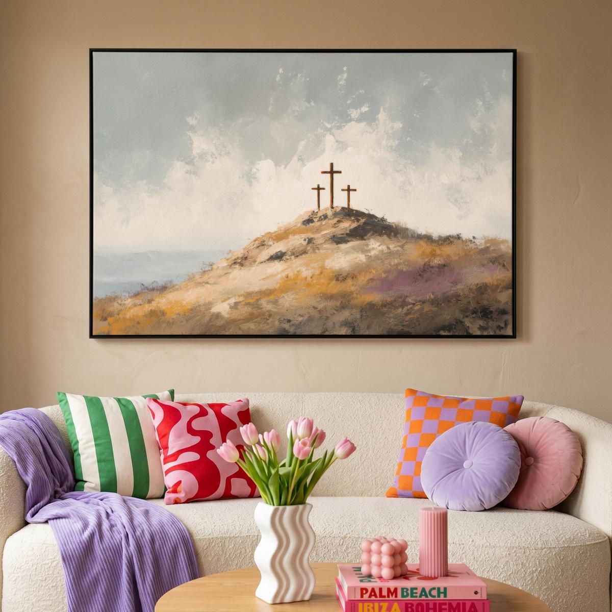 LEINWAND Bilder mit Rahmen - Hügel - Abstrakt - Christentum - Kreuz - 150x100 - Hellgrau, Textil (150/100cm) - MuchoWow