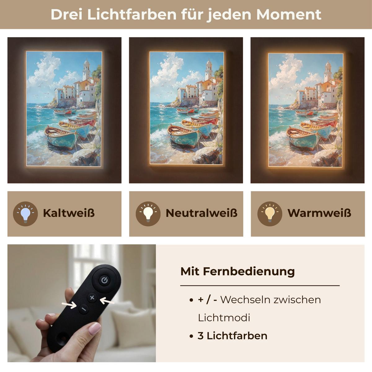WANDLEUCHTE MIT AKKU Boote - Felsen - Meer - Sonne 60x90 cm - Blau, Holzwerkstoff (60/90/8cm) - OnlyWow