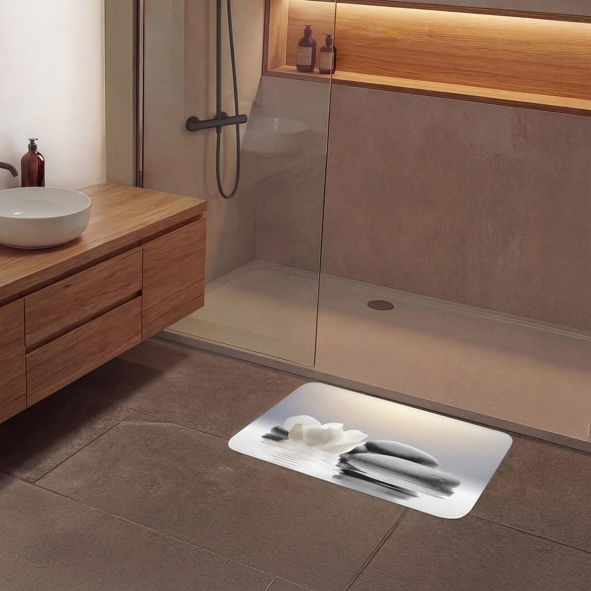 BADEMATTE Steine - Lotus - Weiß - Wasser - Zen 80x50 cm - Weiß, Textil (80/50cm) - OnlyWow