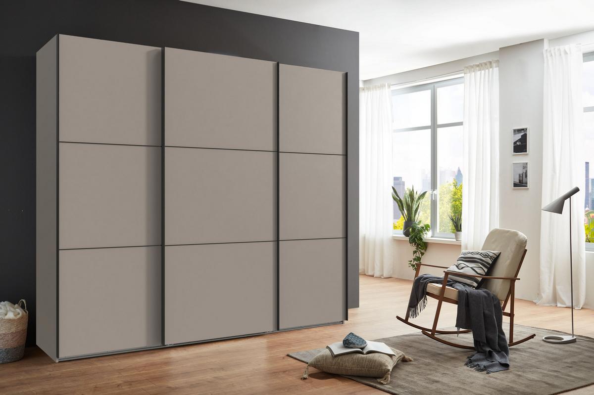 SCHWEBETÜRENSCHRANK 3-türig B250/H216/T65 cm in Sandgrau, Kleiderschrank inkl. Vollausstattung / 22011 - Sandfarben/Rot, Holzwerkstoff/Metall (250/216/65cm) - luma-home