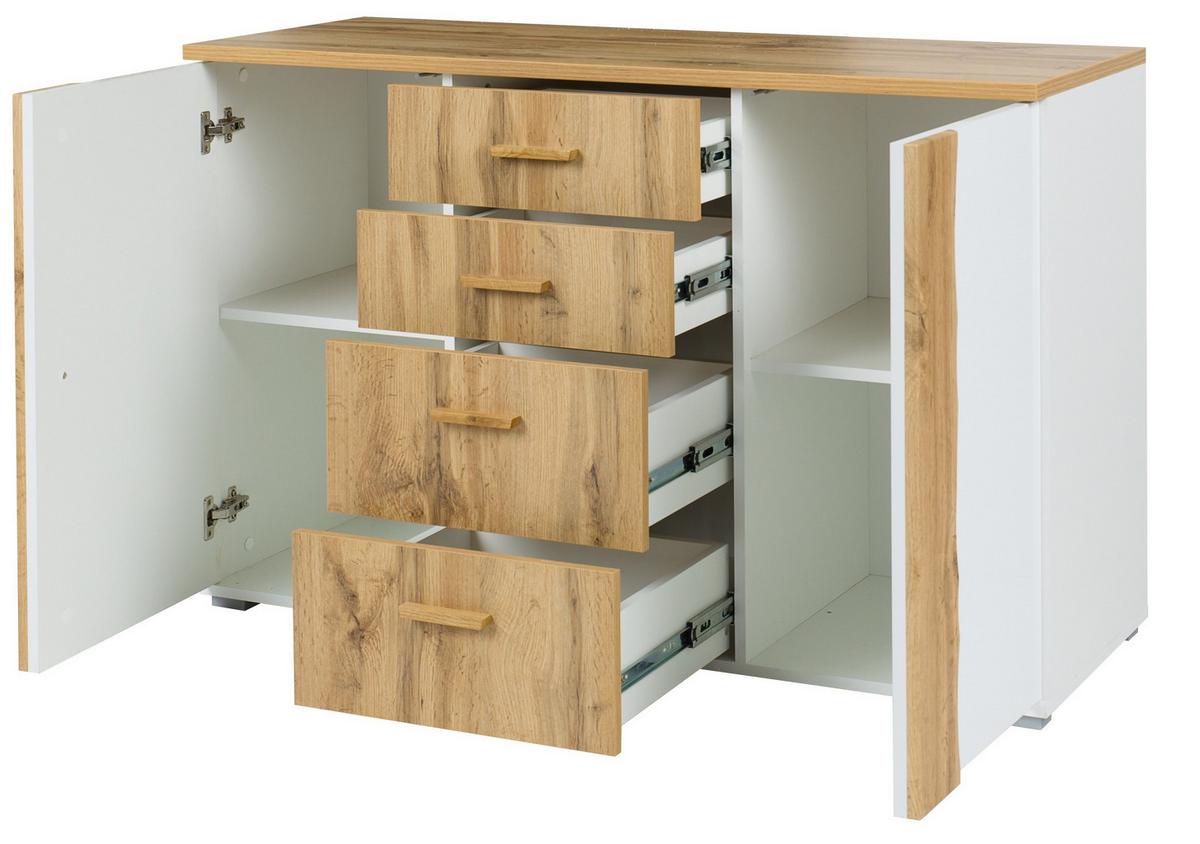 KOMMODE OSVIN 130/82/45cm mit 4 Schubladen 2 Türen Eiche Wotan - Eiche Wotan/Weiß, Holzwerkstoff (130/82/45cm) - MASSENO