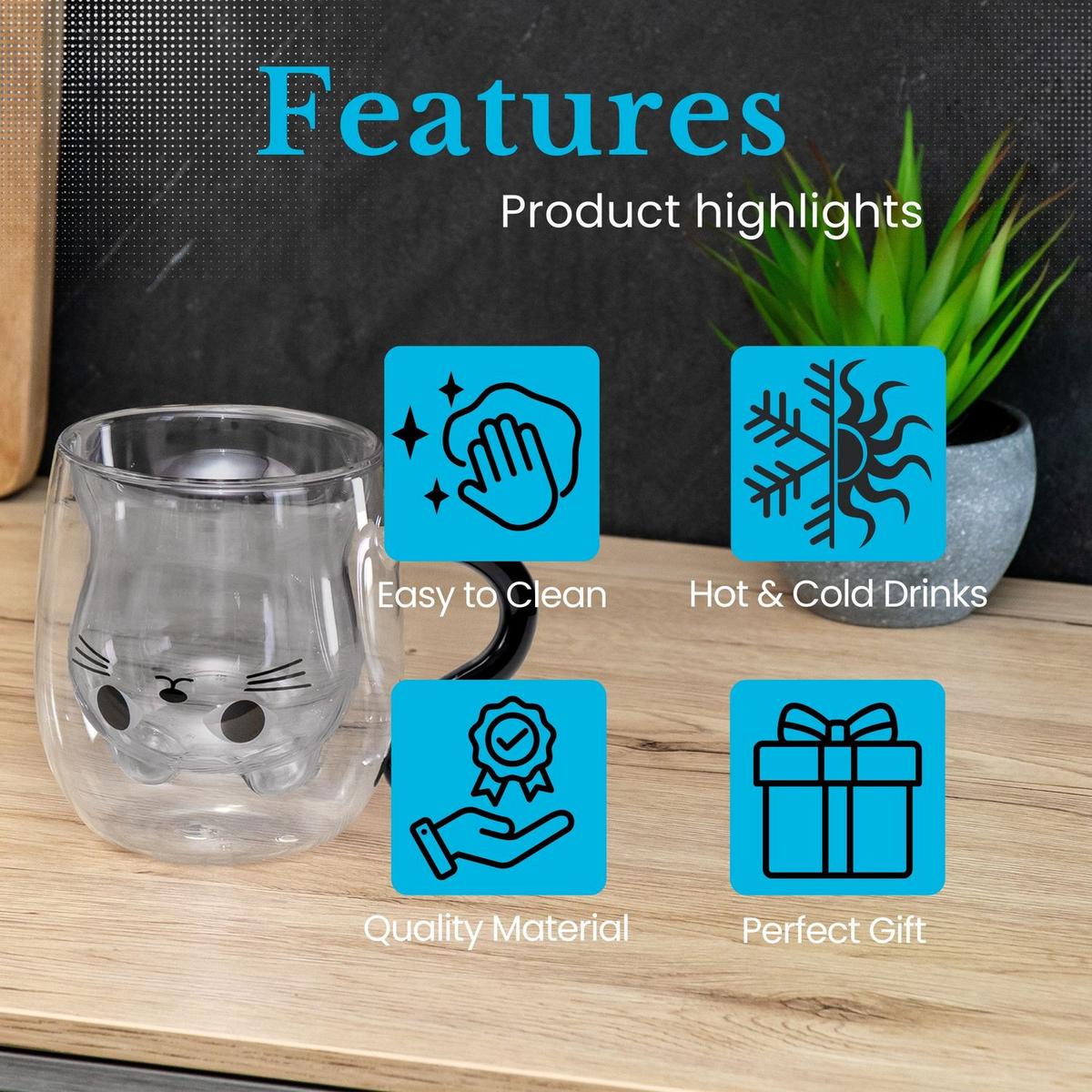 THERMO GLÄSER Design Katze 200ml (2-tlg.) - Schwarz, Glas - Intirilife