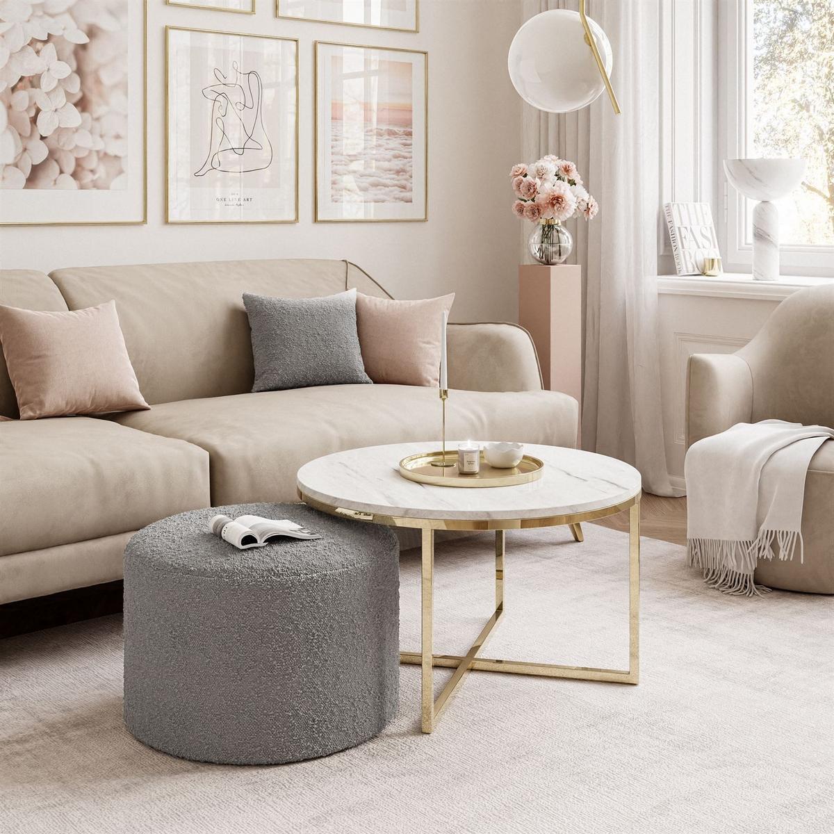 COUCHTISCH CIRI-X mit Hocker Gold Chrom|Marmor Levanto|Ascot taupe - Goldfarben/Weiß, Holzwerkstoff/Textil (70/70/46cm) - Lookway