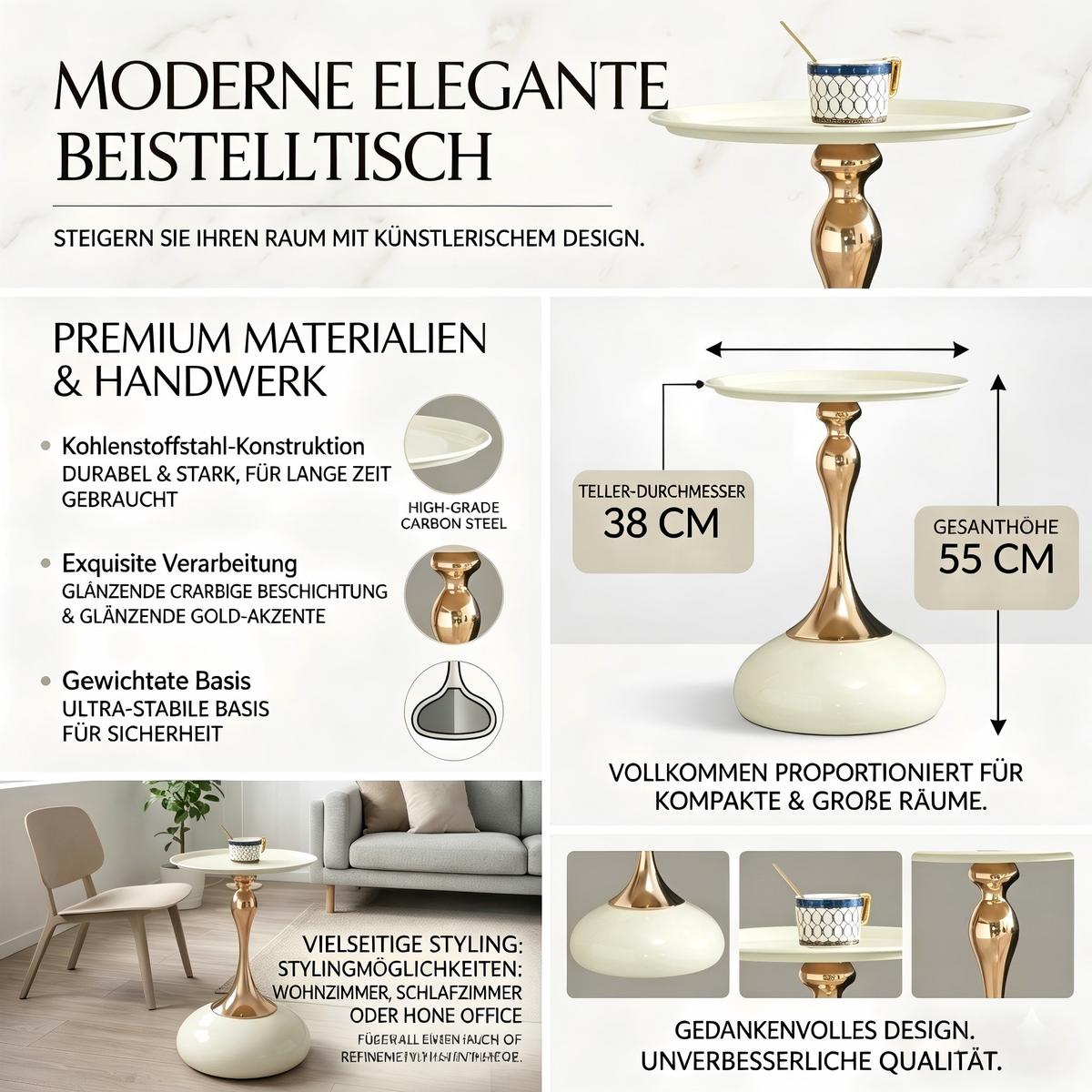 BEISTELLTISCH Ø 38 cm luxuriöses design - Weiß, Metall (38/38/54cm) - Urban Meuble