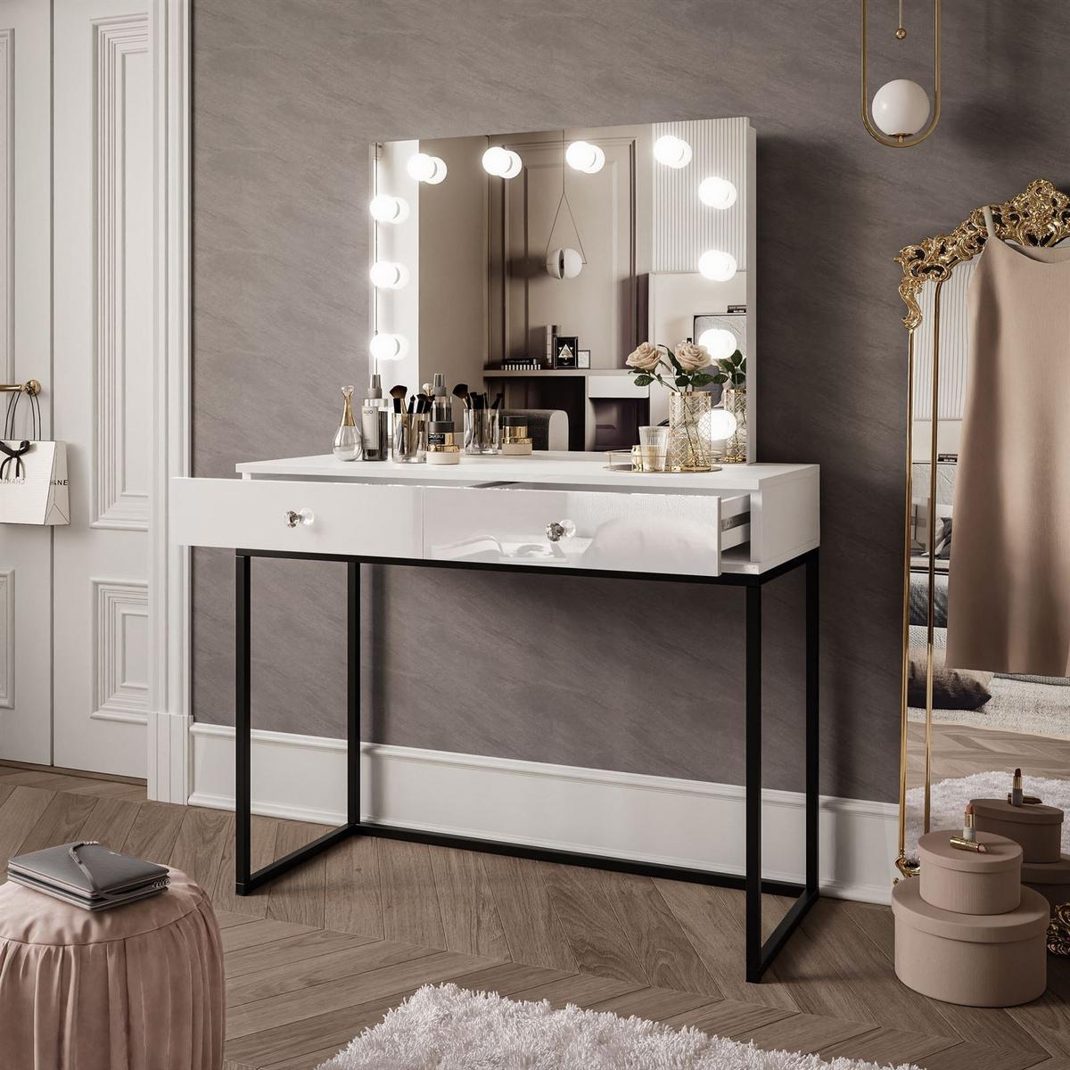 SCHMINKTISCH BLANCO LOFT ELITE mit Spiegel und Beleuchtung Weiß Hochglanz Kristallgriff - Weiß Hochglanz/Schwarz, Holzwerkstoff (100/146/42cm) - Lookway