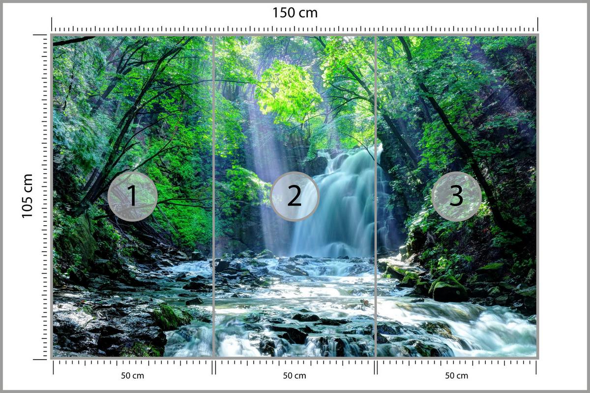 FOTOTAPETE für Schlafzimmer Wasserfall Wald Felsen Bäume Pflanzen 150x105 - Türkis/Blau, Papier (150/105cm) - Muralo