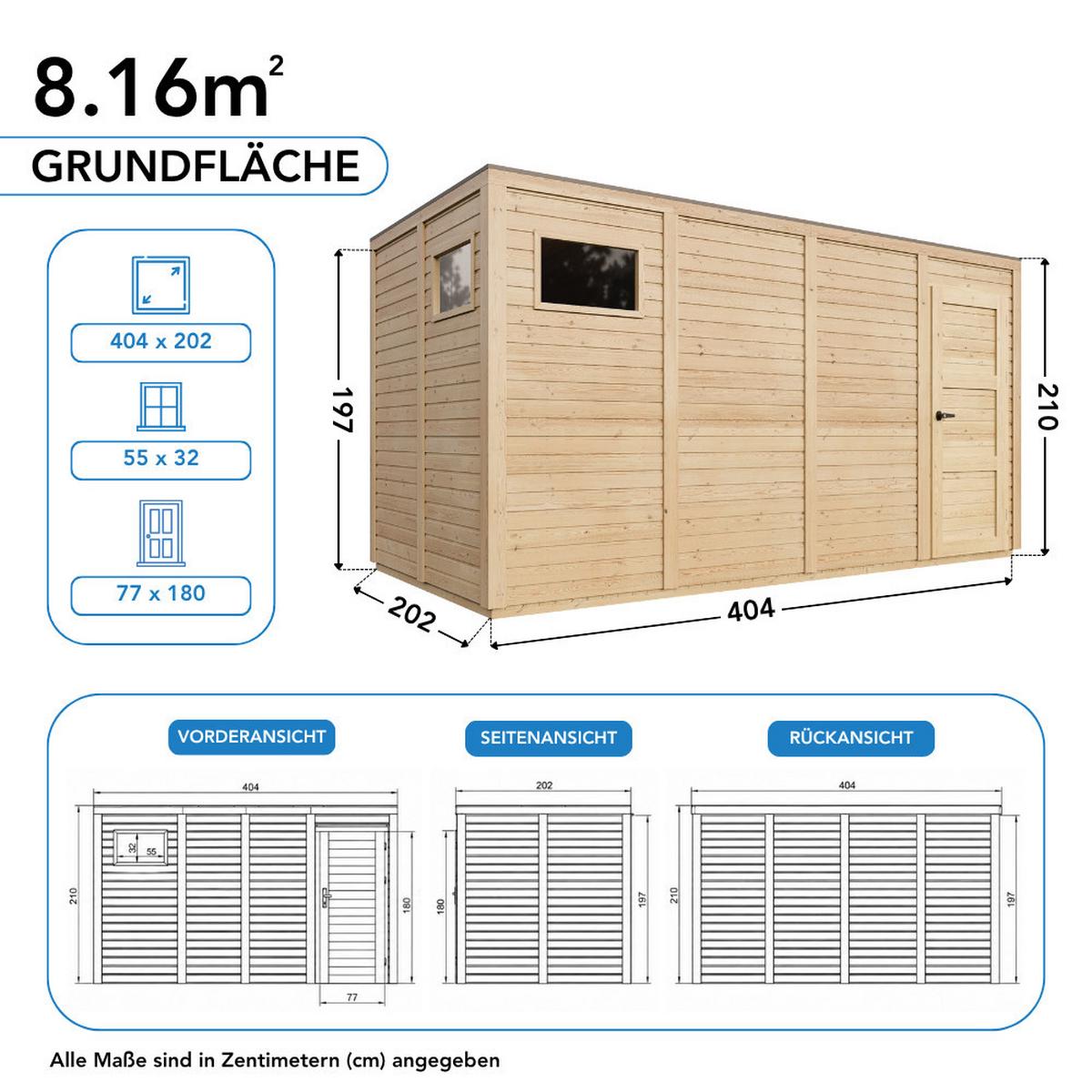 GARTENHAUS Holz 8,16 m², 404/216/202 cm, mit imprägniertem Boden, M327F2+M327G - Beige, Holz (404/216/202cm) - Timbela
