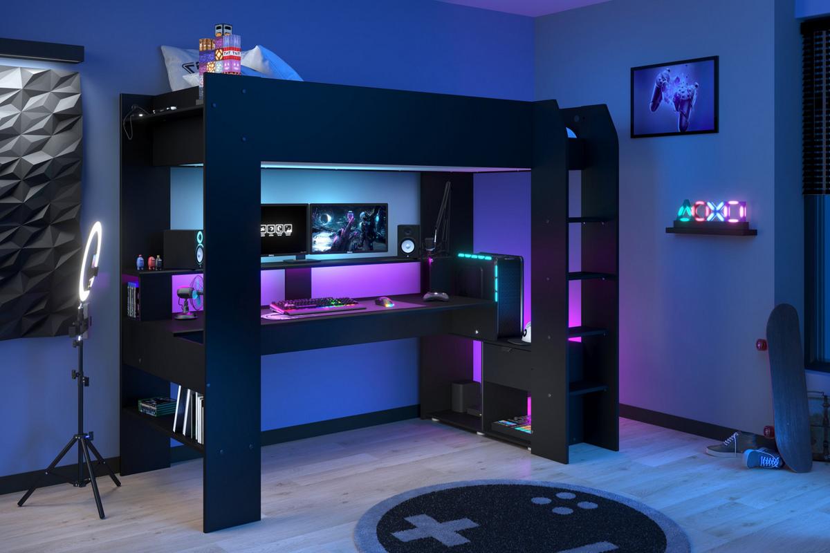 HOCHBETT Jugendzimmer mit Schreibtisch Bett 90x200 cm inkl. LED - Schwarz, Holz/Holzwerkstoff (90/200cm) - Parisot Meuble