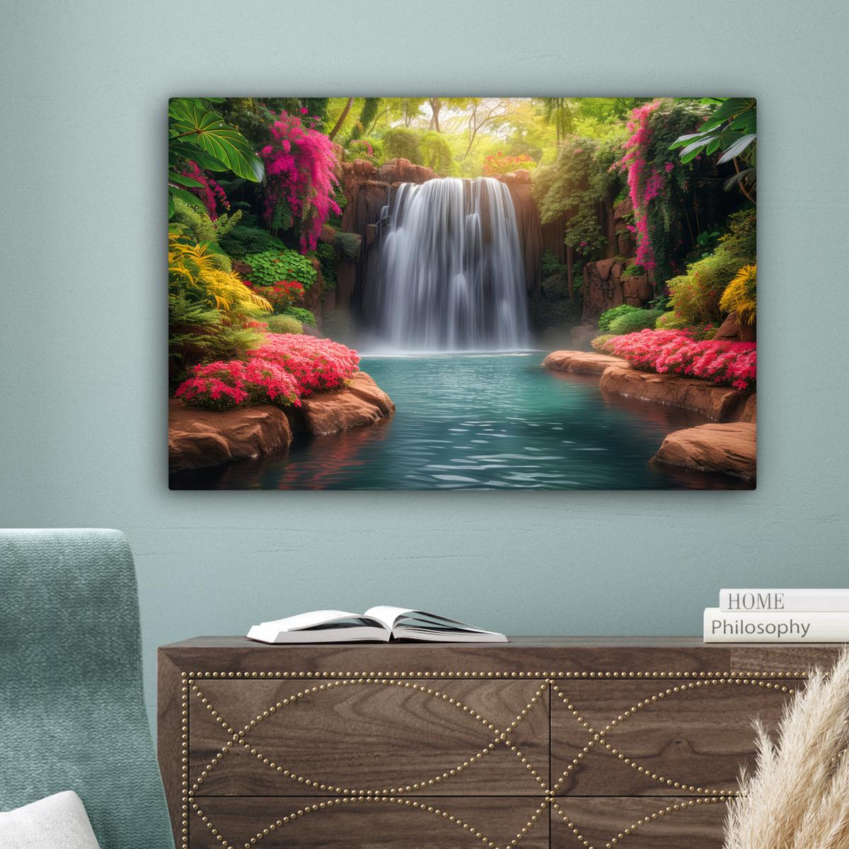 LEINWANDBILD Wasserfall - Natur - Pflanzen - Dschungel - Wasser Wanddeko 90x60 cm - Grün, Textil (90/60cm) - MuchoWow