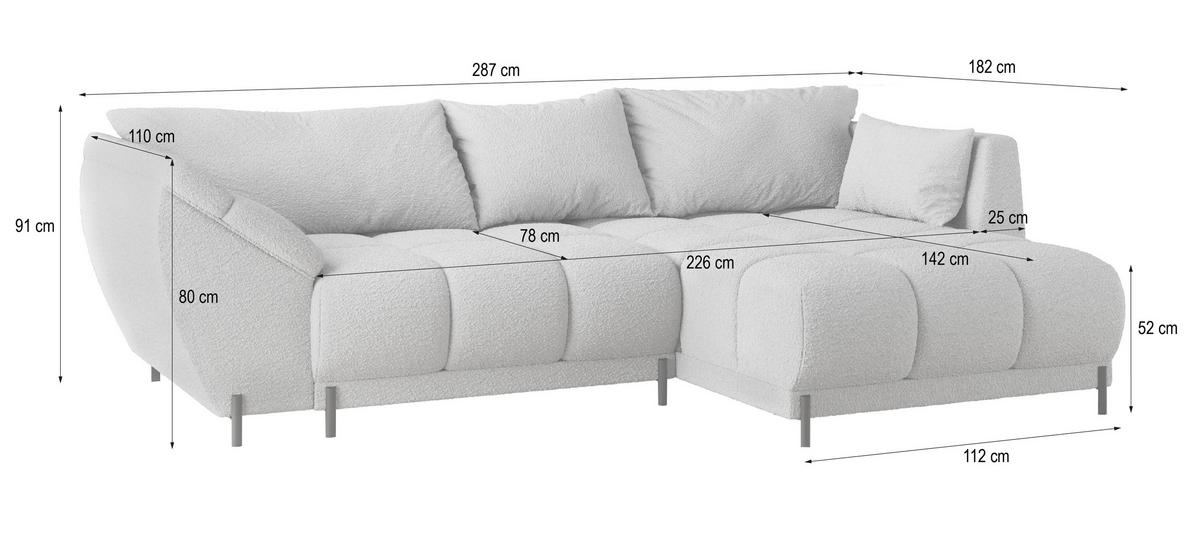 ECKSOFA VESTANO L-S Hellgrau Boucle-Stoff mit Schlaffunktion - Hellgrau, Holz (287/182cm) - MASSENO