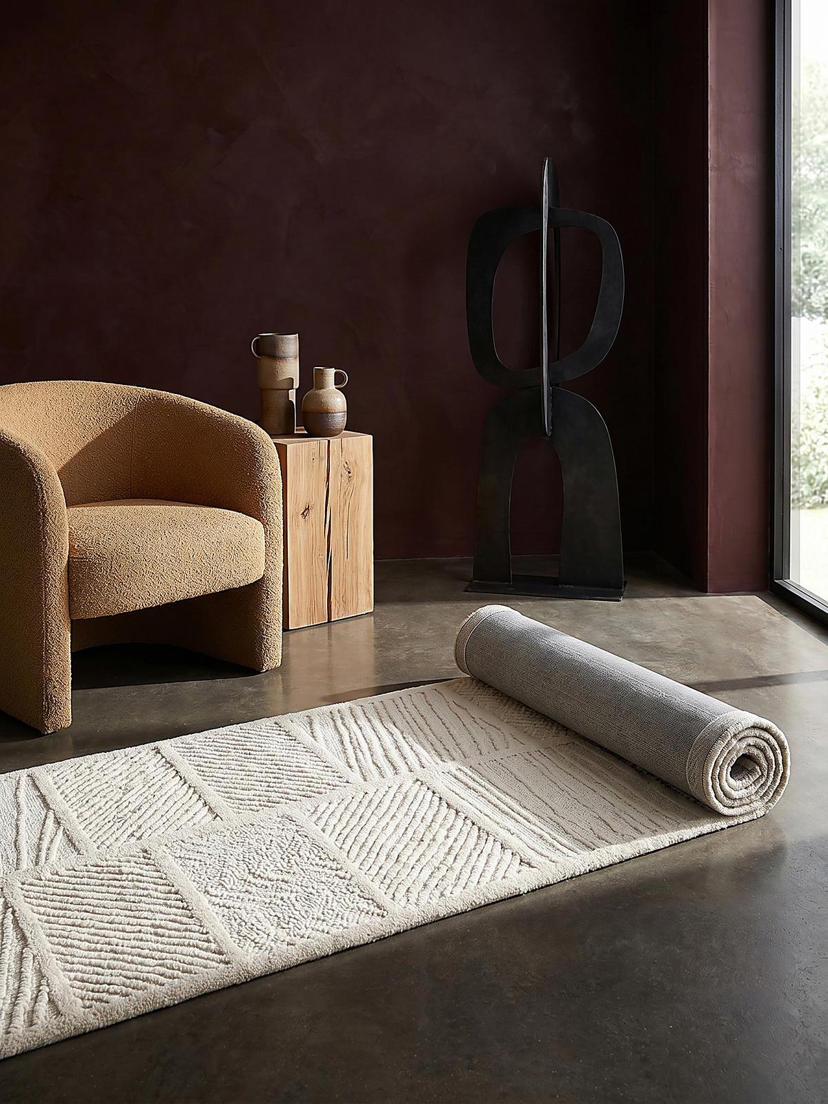 TEPPICH aus Wolle CARVE in Weiß, geometrisch, 80 x 230 cm - Beige, Textil (80/230cm) - KADIMA DESIGN