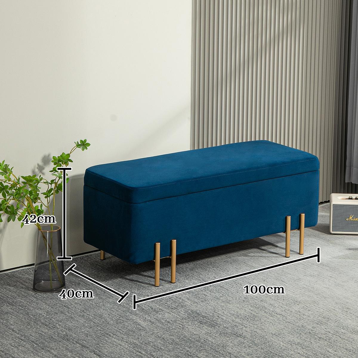 TRUHENBANK Metall, Kautschukholz, Schaumstoff Dunkelblau - Blau, Textil (40/42/100cm) - HOMCOM