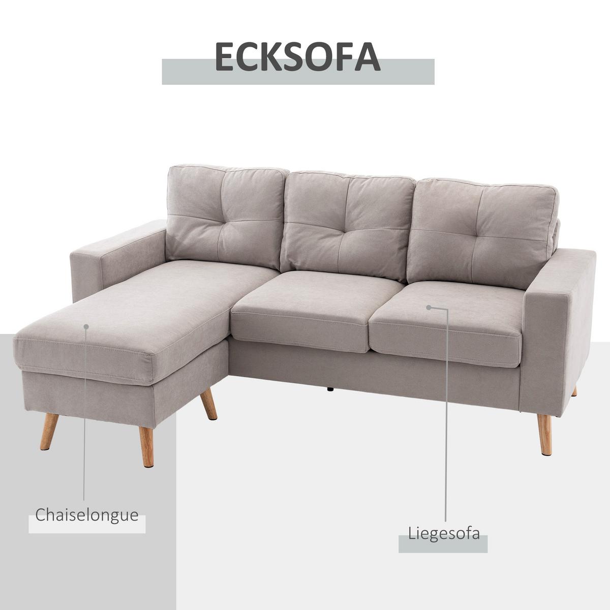 ECKSOFA Eckcouch in L-Form, Eckgarnitur in Leinenoptik Couchgarnitur Hellgrau - Hellgrau/Naturfarben, Holz/Textil (136/193cm) - HOMCOM