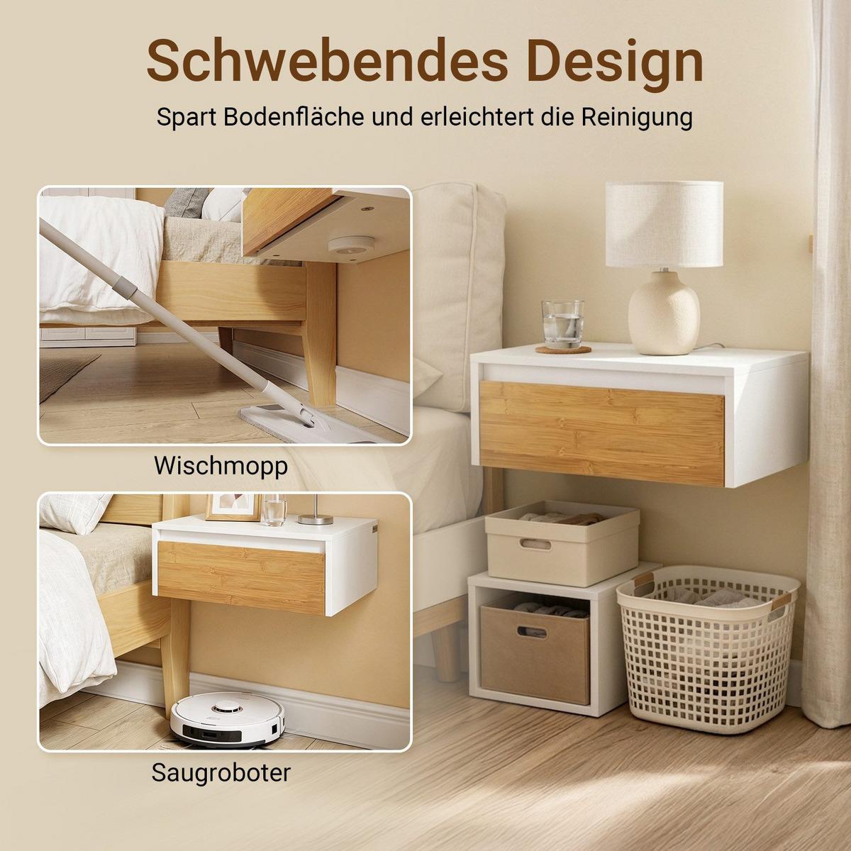 SCHWEBENDER-NACHTTISCH mit Schublade, Wandregal 40x29,8x15,6cm - Weiß/Naturfarben, Holzwerkstoff (40/11/30cm) - SoBuy