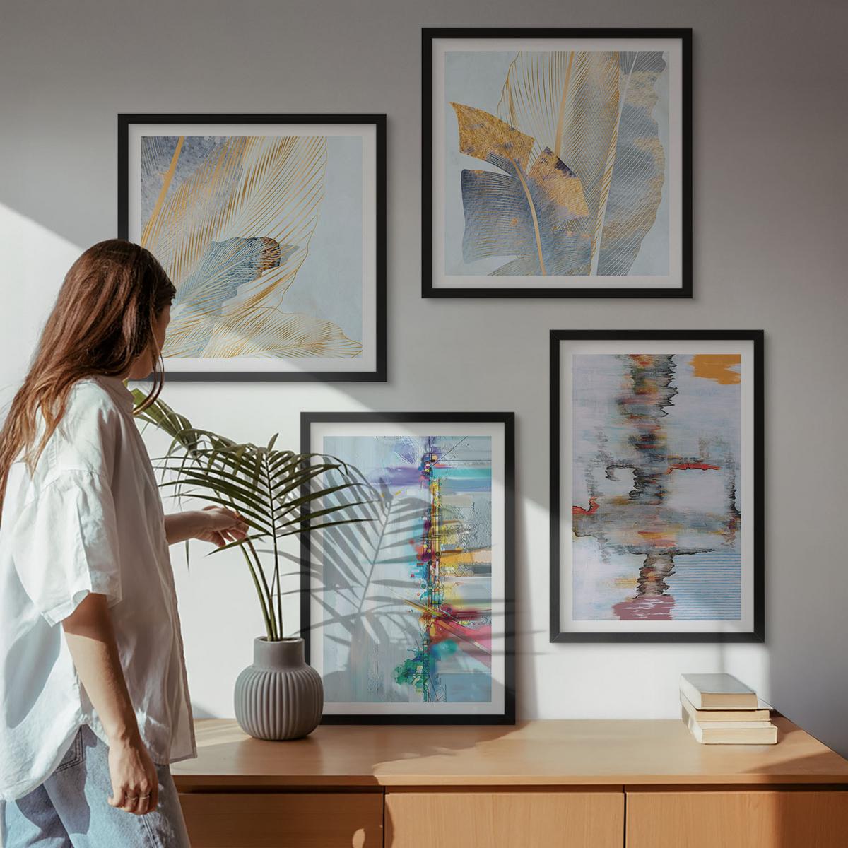BILDER SET 4er Set - 50x50 cm & 40x60 cm Schwarzer Rahmen - Abstrakte Gemäldekompositionen - Schwarz, Kunststoff (50/50cm) - TULUP