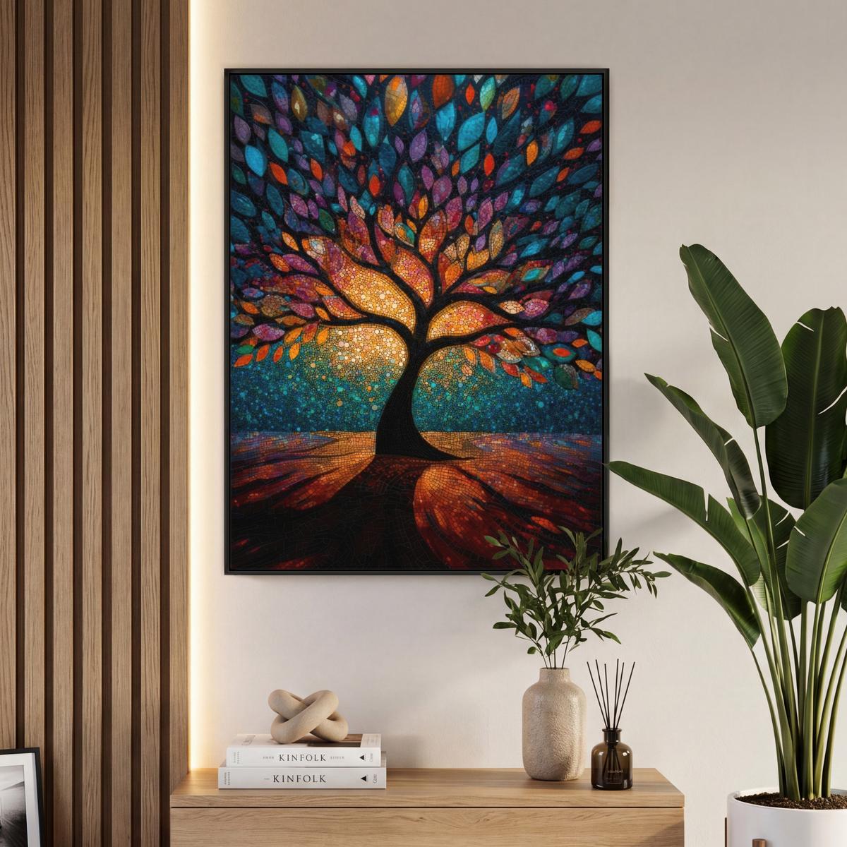 LEINWAND Bilder mit Rahmen - Mosaik - Bunt - Baum - Äste - 70x100 - Multicolor, Textil (70/100cm) - MuchoWow