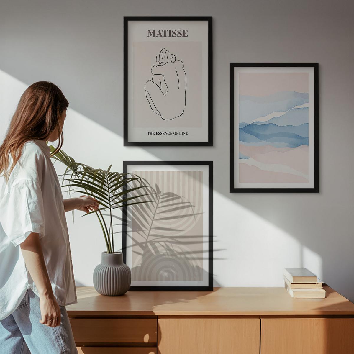 BILDER SET 3er Set - 40x60 cm Schwarzer Rahmen - Linien, Wellen, pastellfarbener Minimalismus - Schwarz, Kunststoff (40/60cm) - TULUP