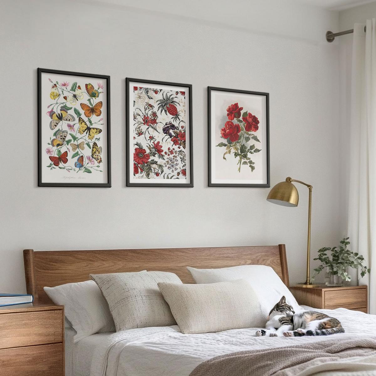 BILDER SET 3er Set - 40x60 cm Schwarzer Rahmen - Schmetterlinge, Blumen, rote Rosen - Schwarz, Kunststoff (40/60cm) - TULUP