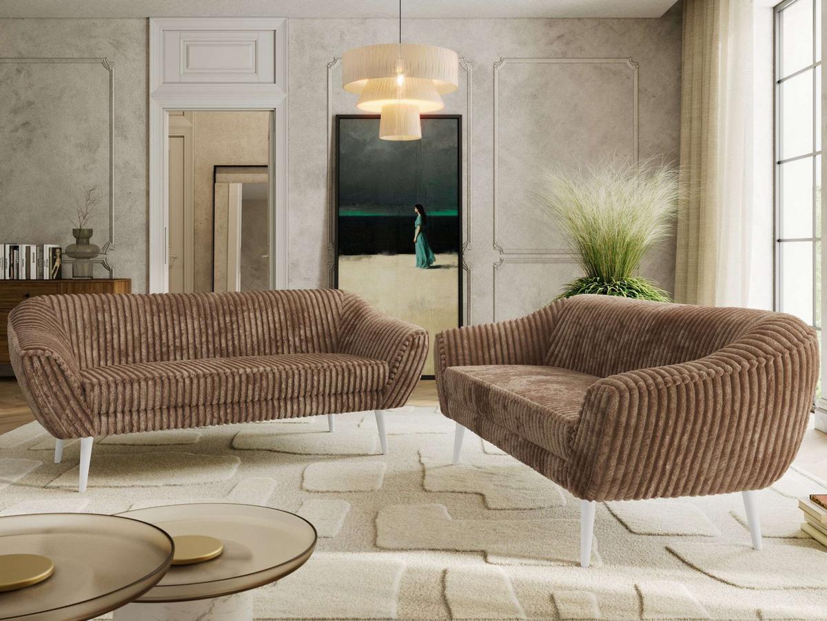 SITZGARNITUR PIRS 3+3 - Braun Cord - Weiße Beine - Braun/Weiß, Holzwerkstoff/Textil (180/75/74cm) - MKS